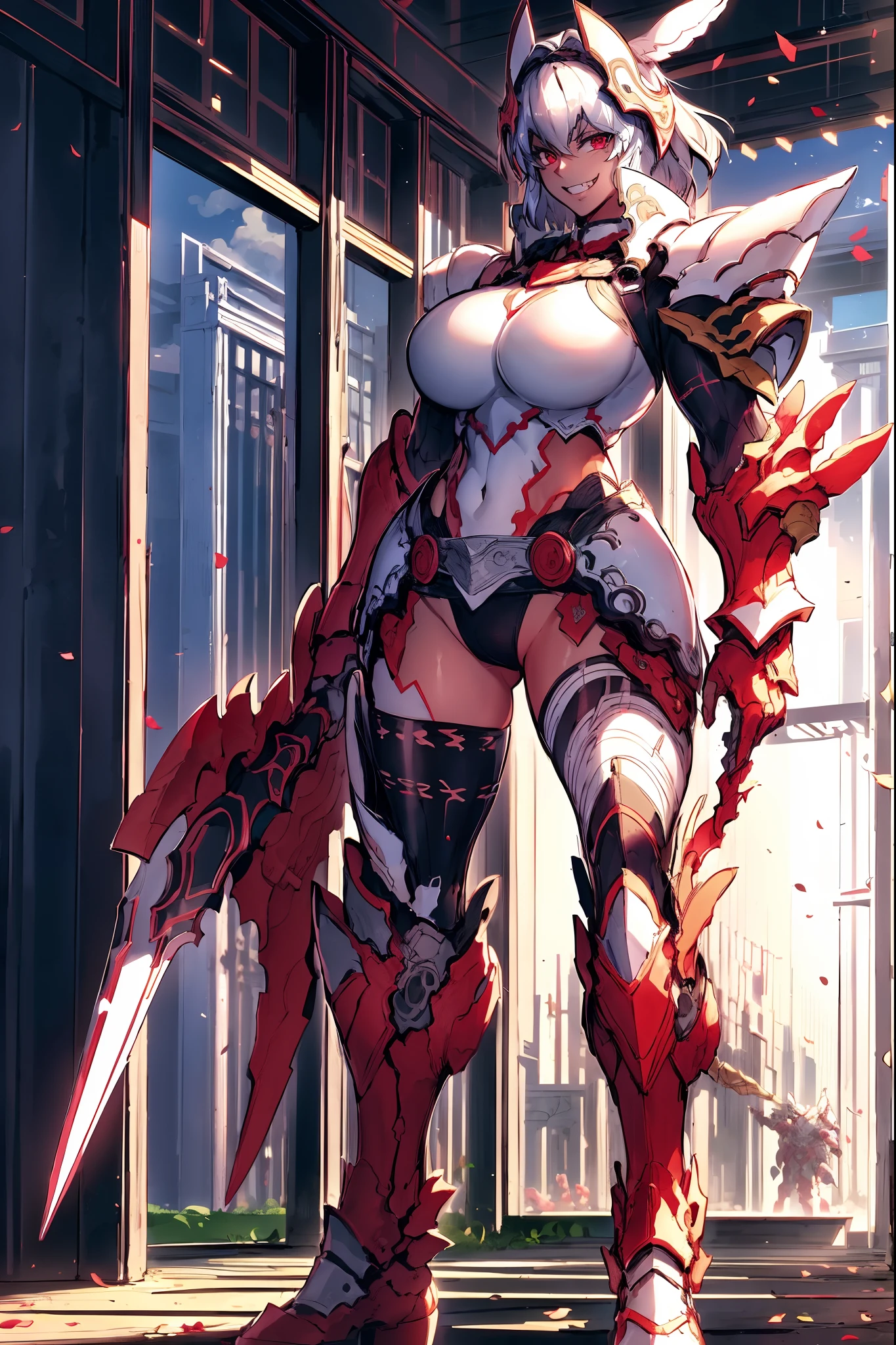 4k, highly detailed, anime style, HDR, subsurface scattering, in a temple, temple being destroyed, Greek temple on fire background, (masterpiece, best quality:1.2), caenis,( fgo stage 3), 1girl, big breasts, looking at fires, smile, short hair, white hair, bangs, red eyes, animal ears, open clothes, hairband, grin, (gold armor), body markings, white nails, epic scene, tall girl,full body, darskinned-female, crazy smile, staff holding, standing, musclegirl