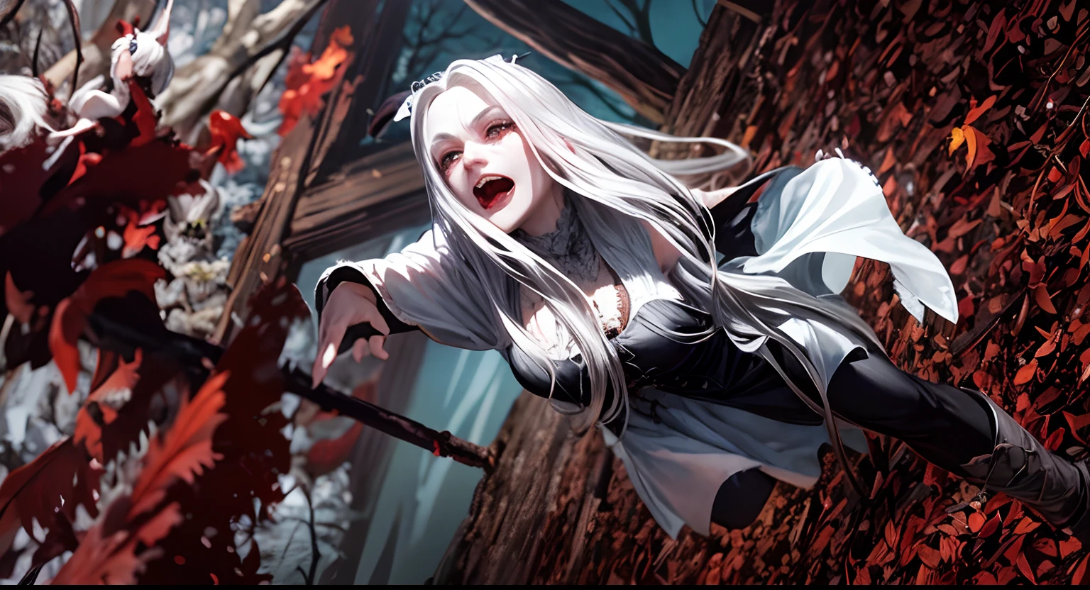 arafed blood dripping from eyes 👀 woman in a white dress posing next to a tree, horrifying witch with long hair, white skin, blood dripping from eyes, scars, horns, evil 👿 wearing dark victorian goggles, wearing victorian dark goggles, as a medieval fantasy character, dark witch headdress, wearing victorian goggles, evil fire sorceress in the woods, dressed in a medieval lacy, witchy clothing, witch in the woods, wearing gothic accessories there is a woman with long gray hair and a red shirt, very long silver hair, white hair floating in air, a silver haired mad, long grey hair, middle-aged witch, long silver hair, scary angry pose, dramatic smiling pose, circle of the crone, flowing silver hair, transforming into werewolf, silver long hair, evil pose, silver hair so long