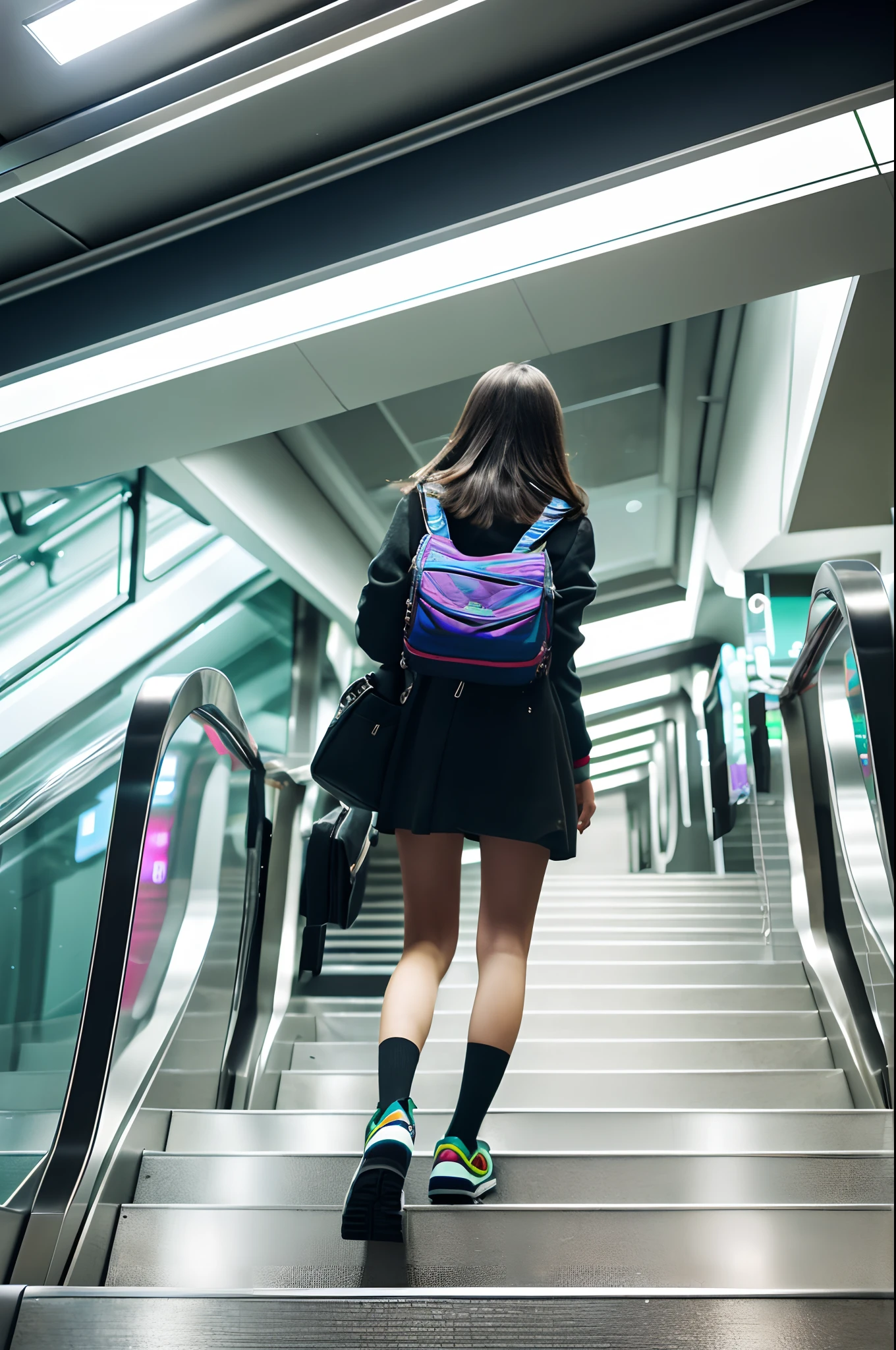 (a girl wearing) short coat, (taking) an ascending escalator, (focused on) lower body, (viewed) from behind, (with) very low camera angle, (best quality, realistic:1.37), (ultra-detailed), (vivid colors), (sharp focus), (viewed) from a low angle, (with) vibrant lighting