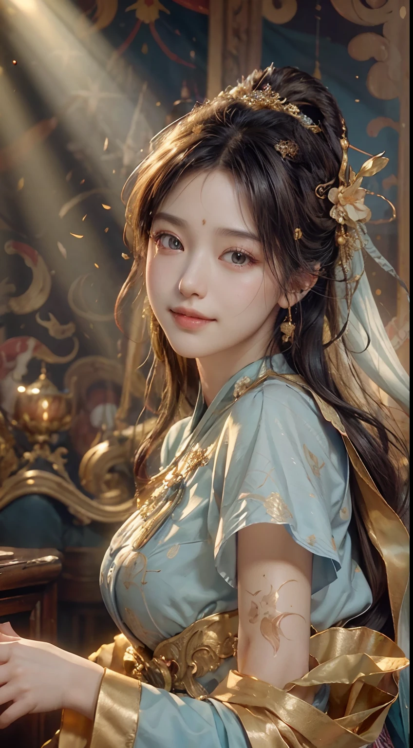 (RAW Photo, Best Quality), (Realistic, Photo Realistic: 1.3), Best Quality, Highly Detailed, Masterpiece, Ultra Detailed, Illustration, 1 Girl, upper_body, Dynamic Angle, World Mastery Theater, messy_long_hair, Best Quality, Extremely Detailed CG Unified 8k Wallpaper, Ink, Amazing, Cinematic Lighting, lens_flare, dunhuang_style, Beautiful Rendering of the Tang Dynasty, (Smile: 1.5), (Holy Light), In the Grotto, Floating, Sony Master Shot, Bustling, Gold Leaf, Flower, Light Blue Clothes, Looking at the Audience