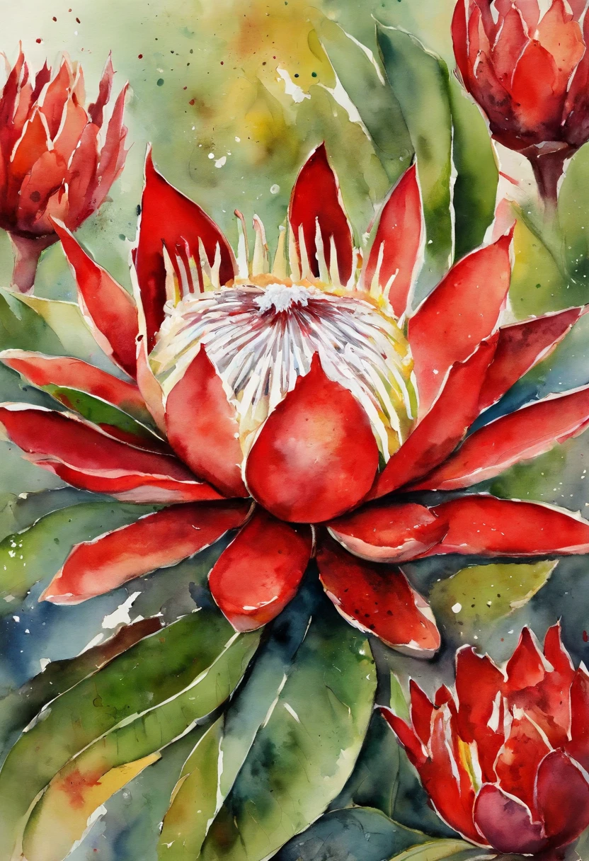 Red Protea Painting with Splash Background and Spray Paint Effect, Eugeniusz Zak, Watercolor Art, by Károly Lotz, aquarelle painting, Watercolor painting style, Watercolor detailed art, Ruben Tam, Watercolor digital painting, Watercolor Paint, Masterfully detailed watercolor, Watercolor Art, Grzegorz Rutkowski