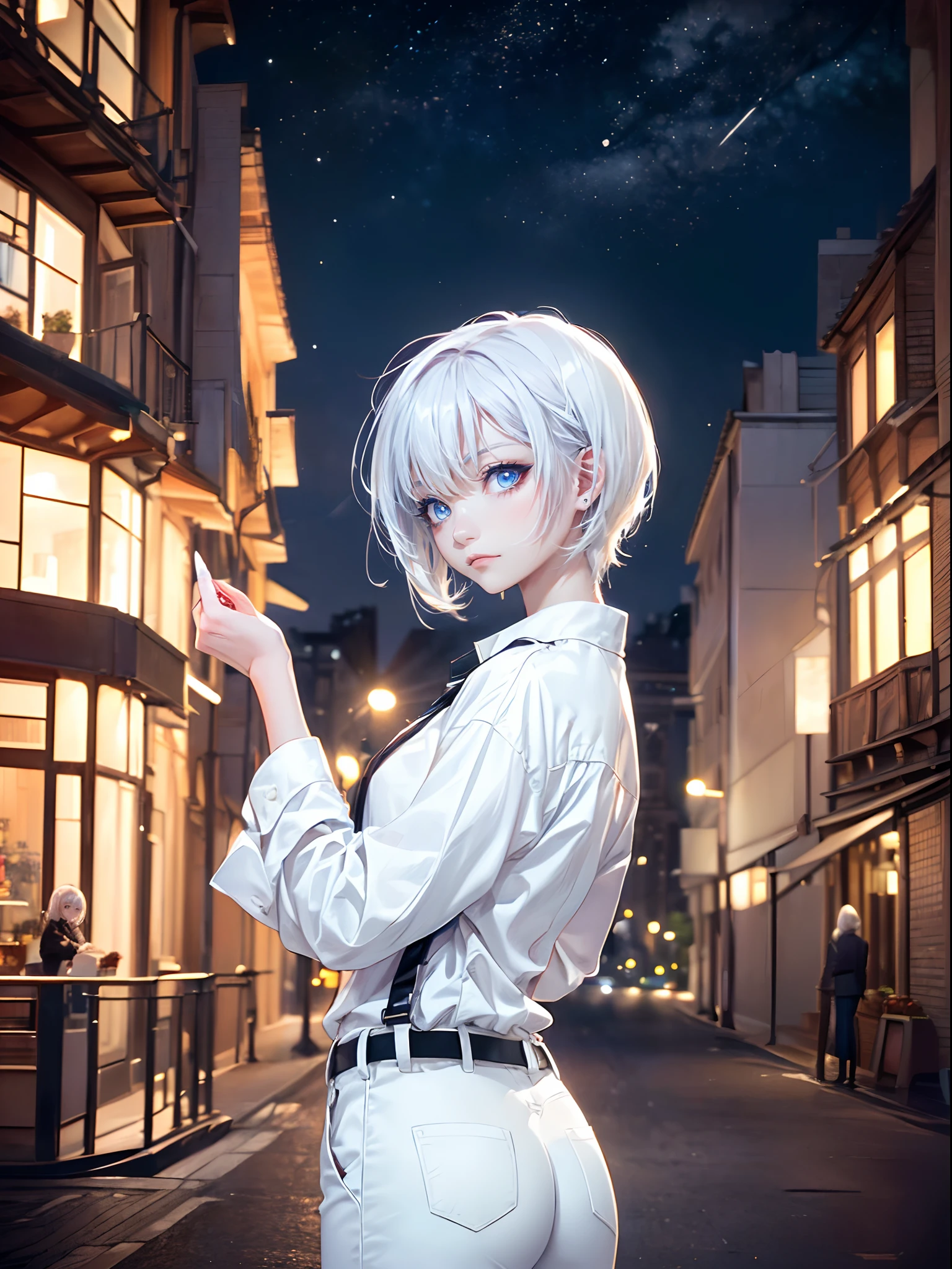 ((4K works))、​masterpiece、(top-quality)、One Beautiful Girl、Slim body、tall、((Black Y-shirt and white pants、Charming street style))、(Detailed beautiful eyes)、Stylish English black balcony、Castle inhabited by villains、Black shop window、Balcony at night、((Starry sky in the background))、((dark sky))、((Fashionable city scenery at midnight))、((Shot on a stylish balcony))、mid night、((Face similar to Carly Rae Jepsen))、((Short-haired white hair))、((Smaller face))、((Neutral face))、((Bright blue eyes))、((American adult women))、((Adult female 26 years old))、((cool lady))、((Like a celebrity))、((Wild look))、((Korean Makeup))、((elongated and sharp eyes))、((Happy dating))、((boyish))、((Upper body photography))、Professional Photos、((Shot alone))、((shot from back))、((Shot so that the back of the head is visible))、((Shot in close proximity to her))、((Focus zoom in))、((She is watching the sunset))、((She standing on the balcony))