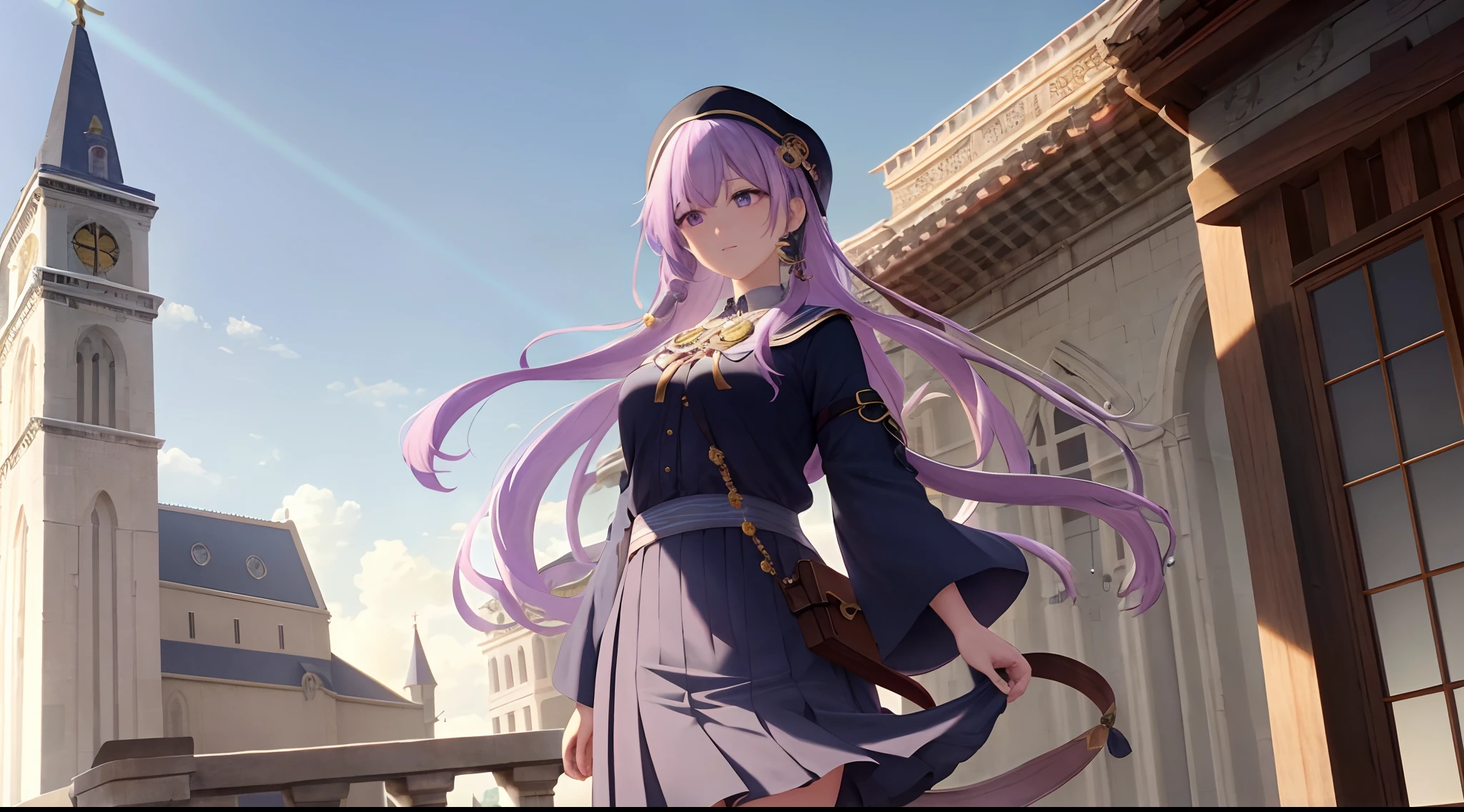 Athena with plain long light purple hair,hair between eyes,green eyes,rosy cheeks,full lips,thin eyebrows,slender body,wearing school uniform and full long skirt,praying beads on neck,cute anime girl,full body,medieval balcony in background,anime style,Lumen Reflections,Screen Space Reflections,Diffraction Grading,Chromatic Aberration,GB Displacement,Scan Lines,Ray Traced,Anti-Aliasing,FXAA,TXAA,RTX,SSAO,Shaders,OpenGL-Shaders, GLSL-Shaders,Post Processing,Post-Production,cell Shading,Tone Mapping,CGI,VFX,SFX,insanely detailed and intricate, 4K,standing, solo, masterpiece, best quality, detailed face, detailed eyes, highres, standing, solo,masterpiece, best quality