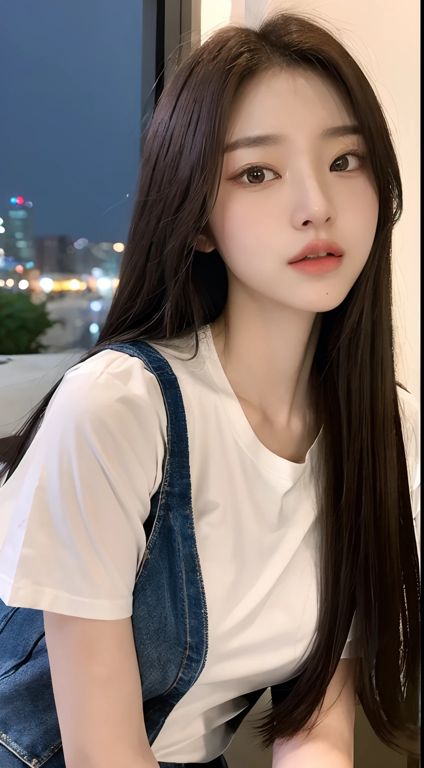 ((full moon night , Best quality, 8k, Masterpiece :1.3)), Whole body, Long legs, Sharp focus :1.2, A beautiful girl  with perfect figure :1.4, perfect body abs :1.1, ((Dark brown hair, medium breasts :1.2)), (White tight tshirt, Jean bib, Standing:1.2), ((city view,), Highly detailed face and skin texture, Detailed eyes, Double eyelid