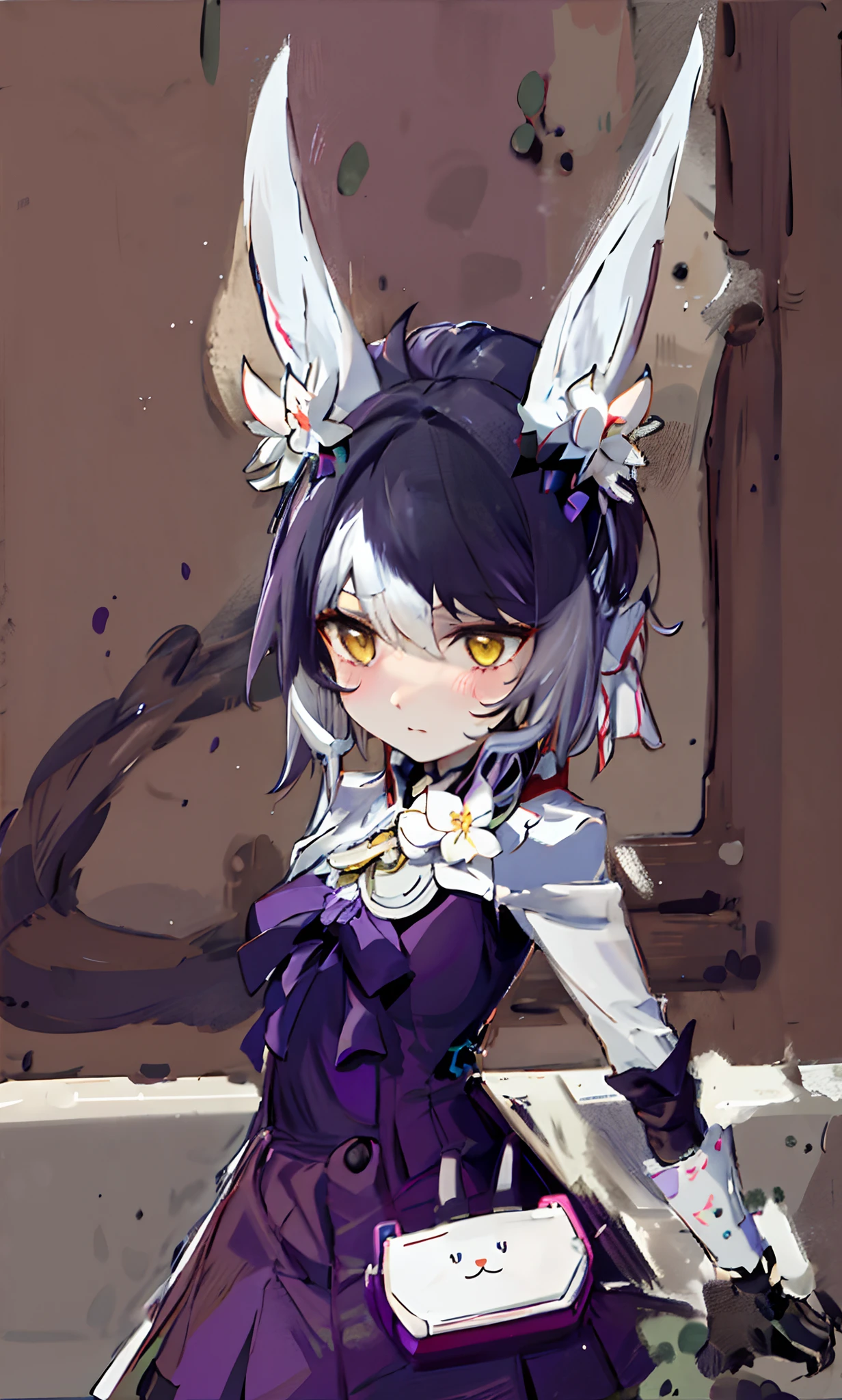 a close up of a person in a purple dress with a cat ear, white fox ears, female furry mini cute style, girl with fox ears, fox ears, pale pointed ears, fluffy fox ears, stylised fox - like appearance, aion, wearing cybernetic bunny ears, exotic lily ears, ahri, with bunny ears, with big rabbit ears