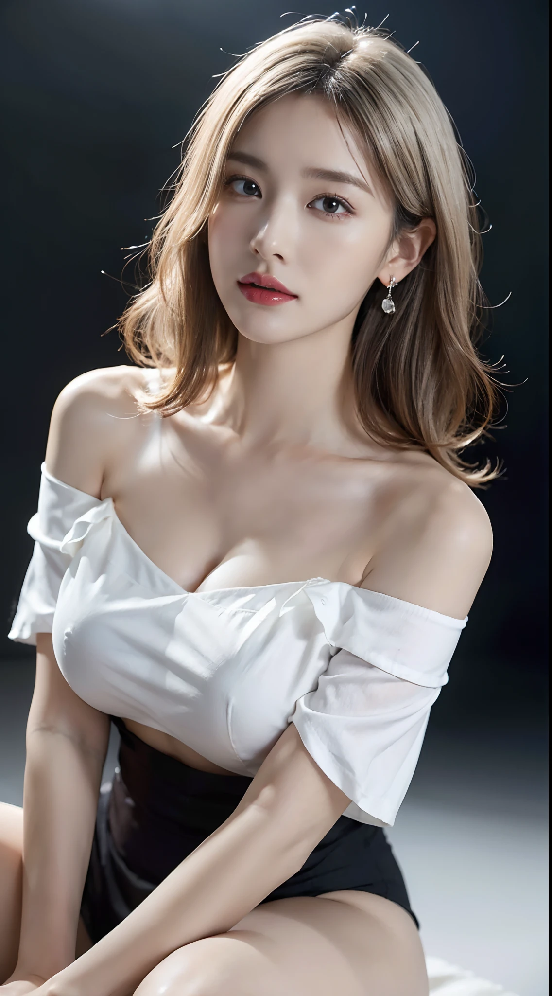 (very huge round breasts:1.6), (full body:1.3), (white bronze hair:1.3), (secretary:1.5), extremely delicate and beautiful, masterpiece, Best Quality, ultra high resolution, 16k, Photorealistic, ultra-detailed, Very detailed CG 8k wallpaper, Beautiful Lighting, Perfect Lightning, Realistic Shadows, anatomically correct, Detailed shiny skin, perfect figure, Latino, late 20s, Slim body, Slim abdomen, small head, handsome detailed woman, very detailed eyes and face, realistic face proportions, Stunning detailed eyes, Realistic small beautiful face, Realistic small beautiful eyes, double eyelids, makeup, tearful mole, mole on chest, earring, short wavy hair, cleavage, bare legs, Soft midriff, Fine Collarbone, beautiful and very thin legs, beautiful and very thin thighs, off-shoulder,