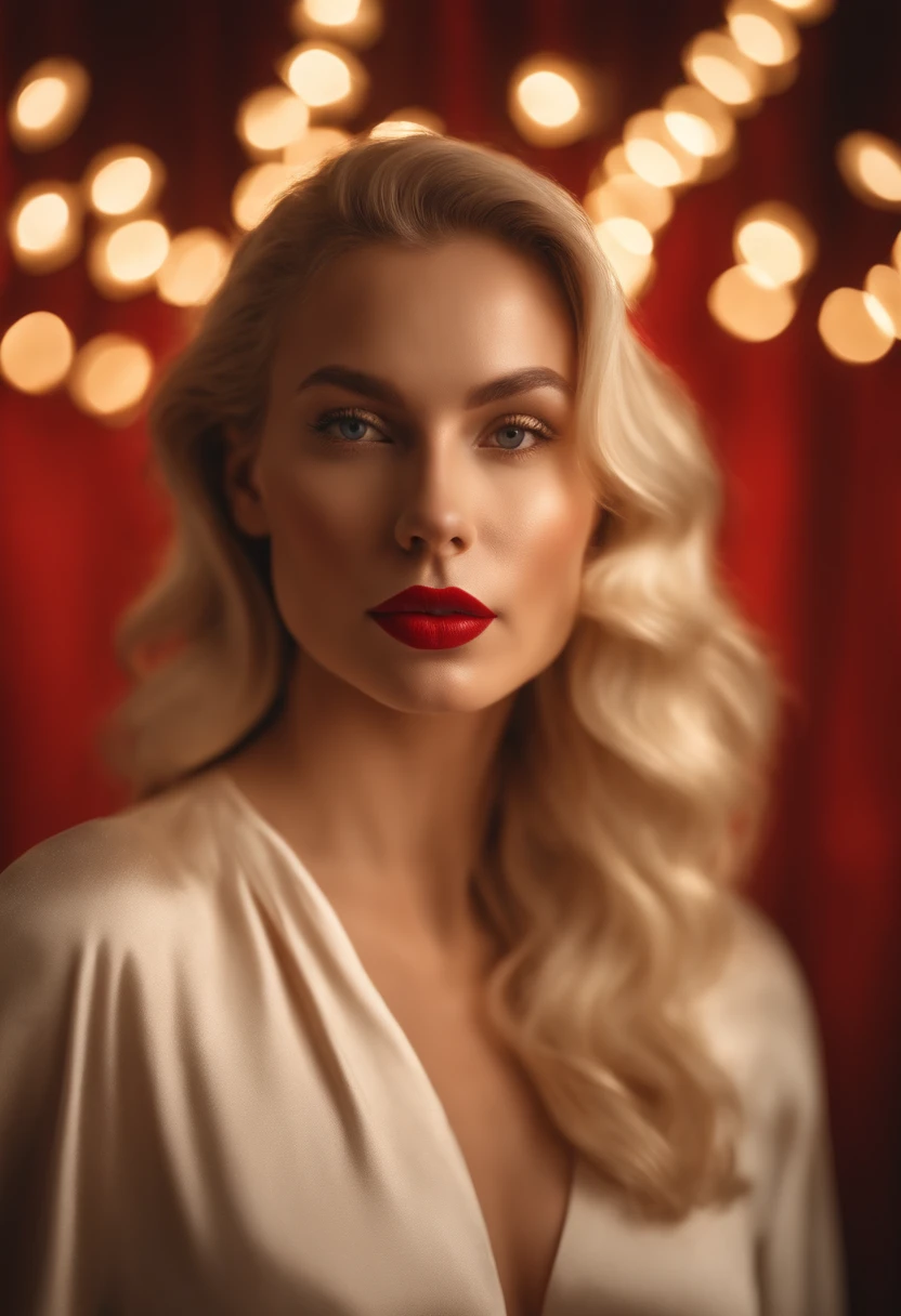 abstract art of very beautiful blonde woman, skin made of white ivory, red lipstick, art with golden tones and wavy pastel background, hdr, 8k, 50mm camera, studio photo