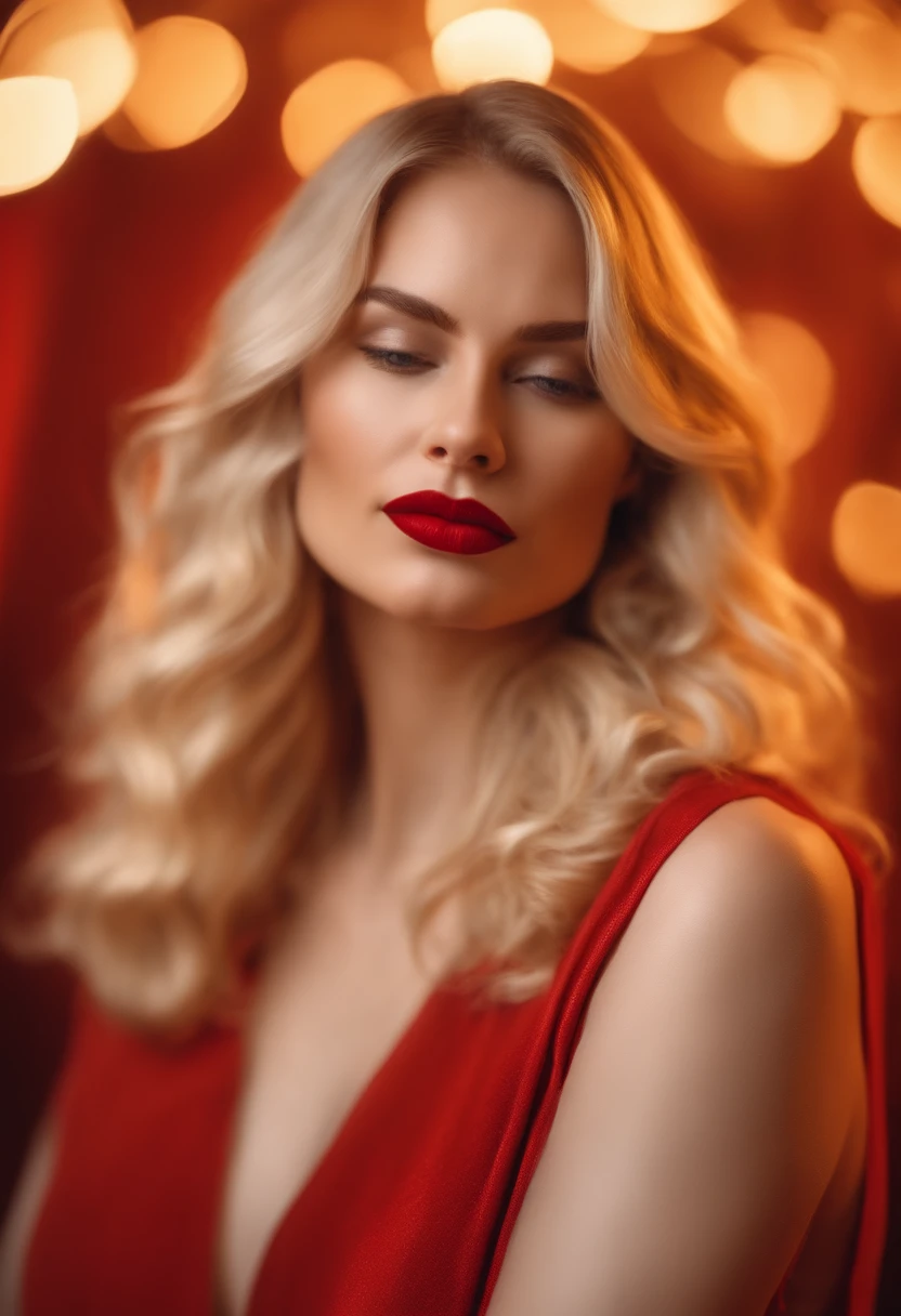 abstract art of very beautiful blonde woman, skin made of white ivory, red lipstick, art with golden tones and wavy pastel background, hdr, 8k, 50mm camera, studio photo