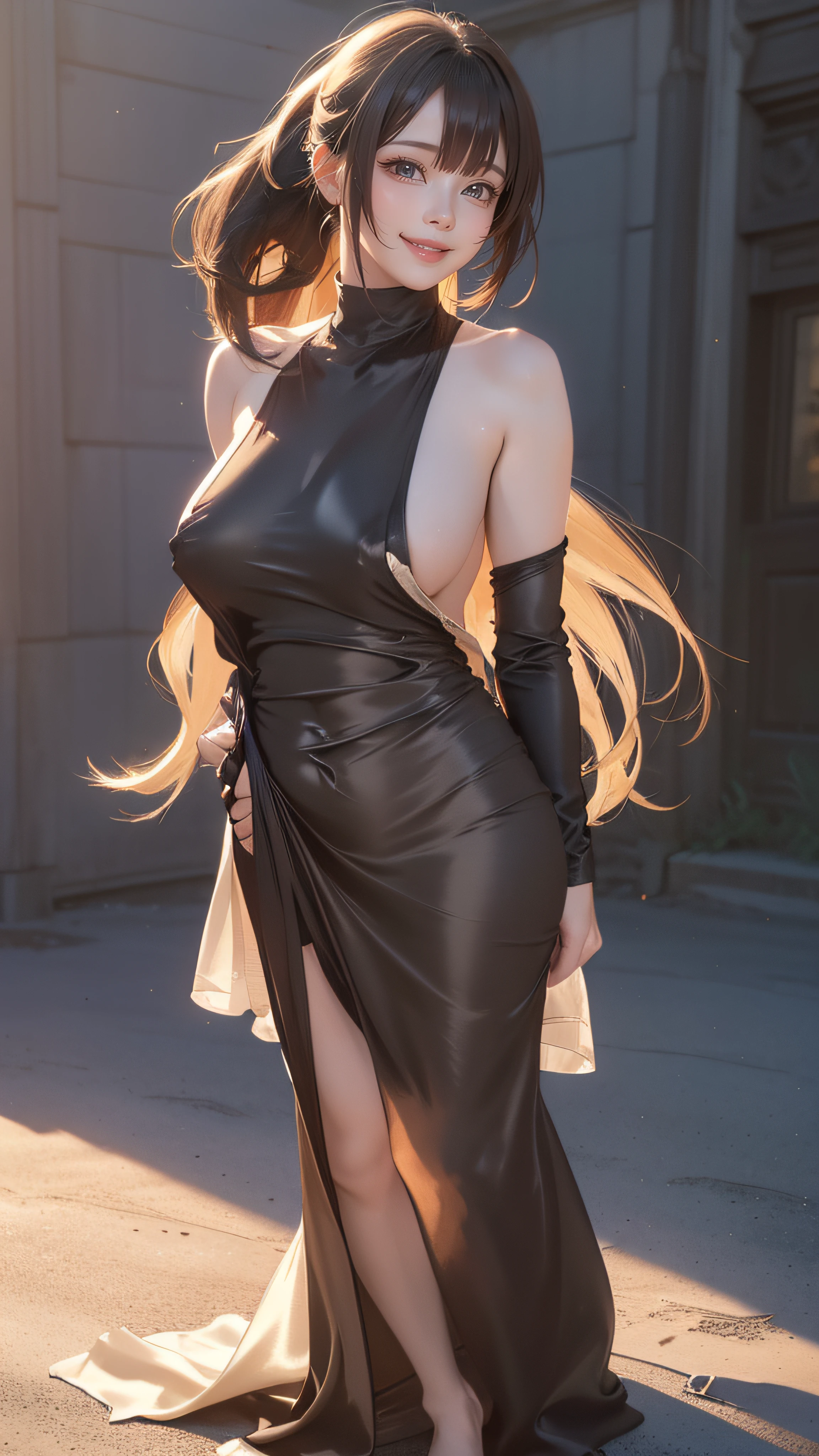 (looking at viewer:1.5),(1girl,(full body),pale skin,curvy,petite,pointy breasts,erect nipples,gigantic breasts),((realistic:2),high resolution,best quality,masterpiece),((extra long shiny ponytail),Swept bangs,extra light brown hair,hair over one eye,hair blowing in the wind),((clothed:1.5),(silk dress:1.5)),(town:1.5)