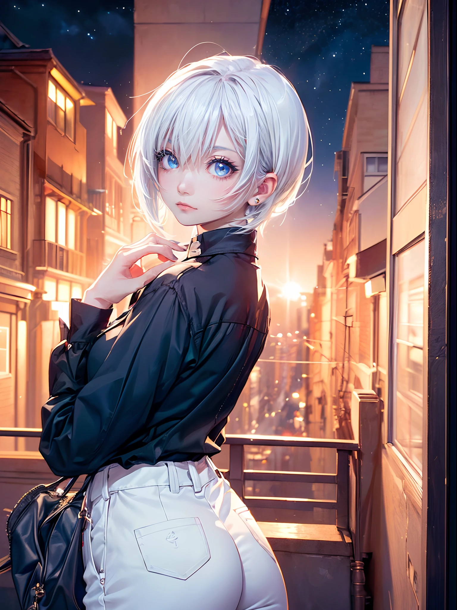 ((4K works))、masterpiece、(top-quality)、One Beautiful Girl、Slim body、tall、((Black Y-shirt and white pants、Charming street style))、(Detailed beautiful eyes)、Stylish English black balcony、Castle inhabited by villains、Black shop window、Balcony at night、((Starry sky in the background))、((dark sky))、((Fashionable city scenery at midnight))、((Shot on a stylish balcony))、mid night、((Face similar to Carly Rae Jepsen))、((Short-haired white hair))、((Smaller face))、((Neutral face))、((Bright blue eyes))、((American adult women))、((Adult female 26 years old))、((cool lady))、((Like a celebrity))、((Wild look))、((Korean Makeup))、((elongated and sharp eyes))、((Happy dating))、((boyish))、((Upper body photography))、Professional Photos、((Shot alone))、((shot from back))、((Shot so that the back of the head is visible))、((Shot in close proximity to her))、((Focus zoom in))、((She is watching the sunset))、((She standing on the balcony))