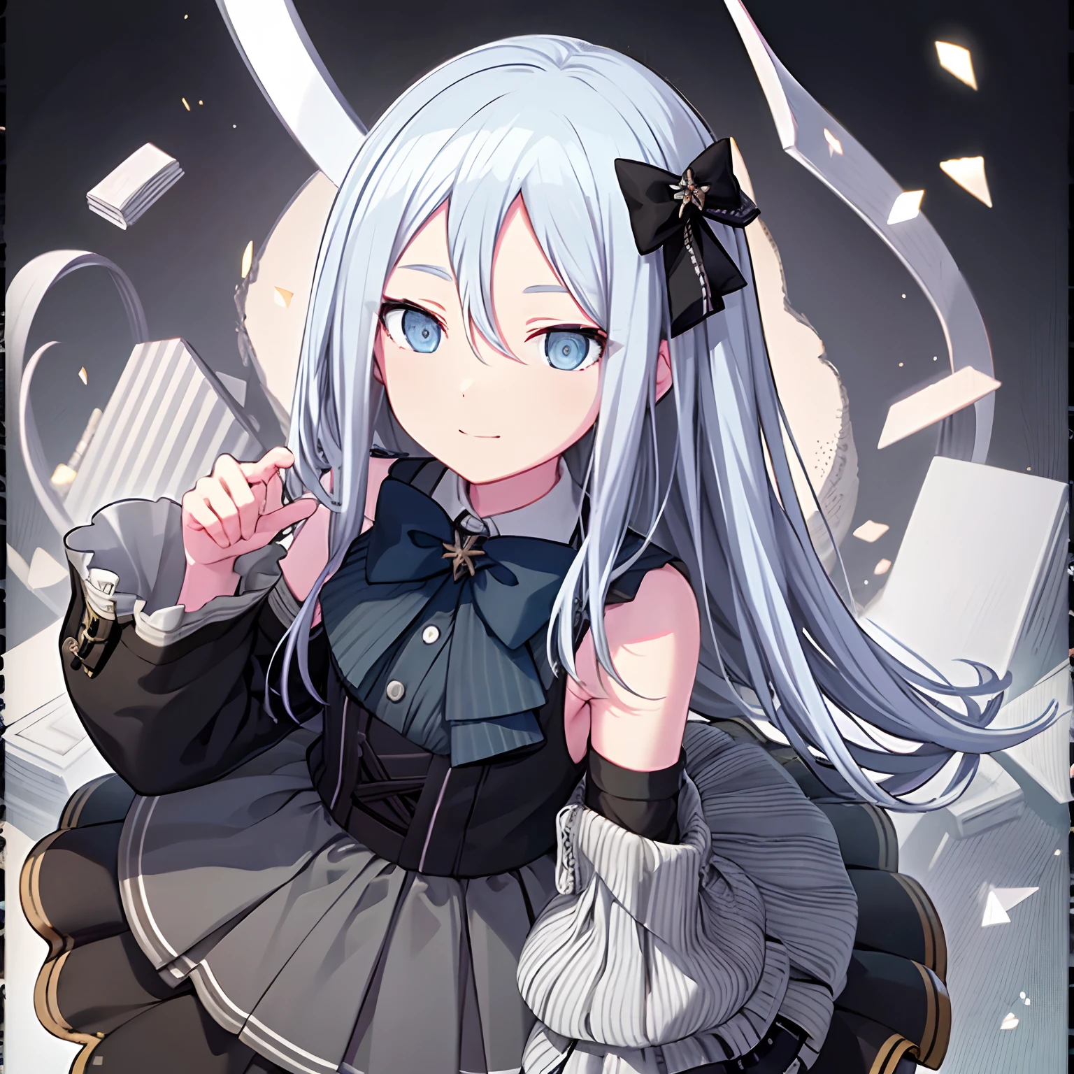 Solo, grey eyes, kanade3rd, looking at viewer, smile, shirt, long sleeves, dress, bow, closed mouth, sleeveless, hand up, black bow, sleeveless dress, aged down, child, green dress, female child