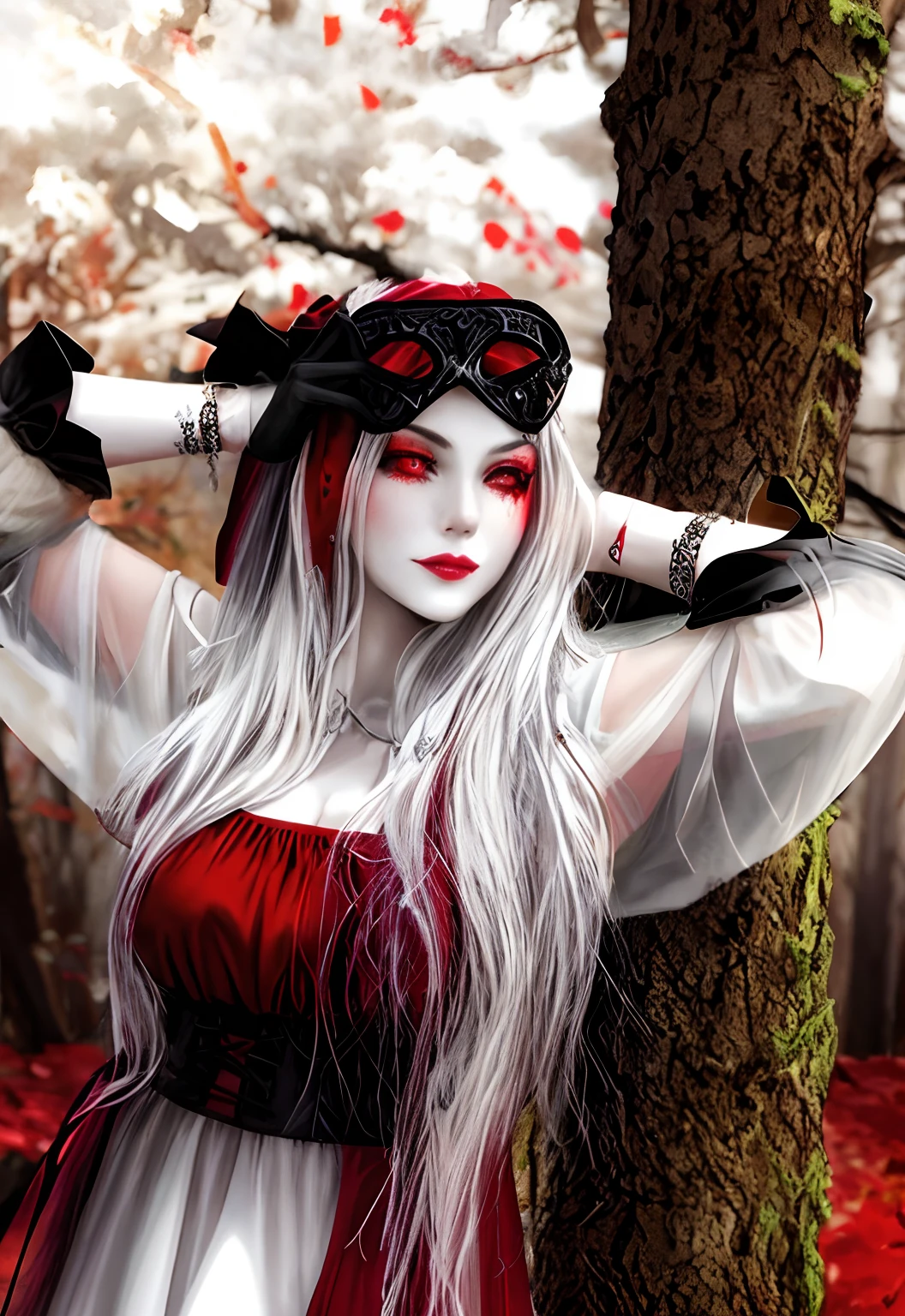 arafed white dress witch, blood dripping from eyes 👀 woman in a white dress posing next to a tree, horrifying witch with long hair, white skin, blood dripping from eyes, scars, horns, evil 👿 wearing dark victorian goggles, wearing victorian dark goggles, as a medieval fantasy character, dark witch headdress, wearing victorian goggles, evil fire sorceress in the woods, dressed in a medieval lacy, witchy clothing, witch in the woods, wearing gothic accessories