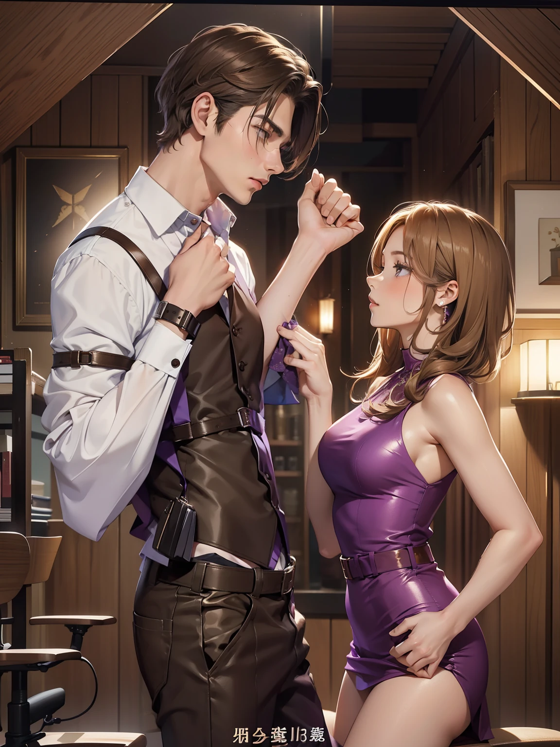 top-quality, masterpiece, Male and female couples Girl sitting on a chair wearing a tight skirt over a blouse。Boys hugging each other from behind, The woman's hair is long and light brown, her dress is purple, high detailed, high quality
