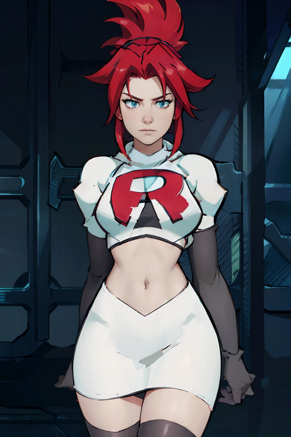 face of korsica,team rocket,team rocket uniform, red letter R, white skirt,white crop top,black thigh-highs,black elbow gloves, arms crossed