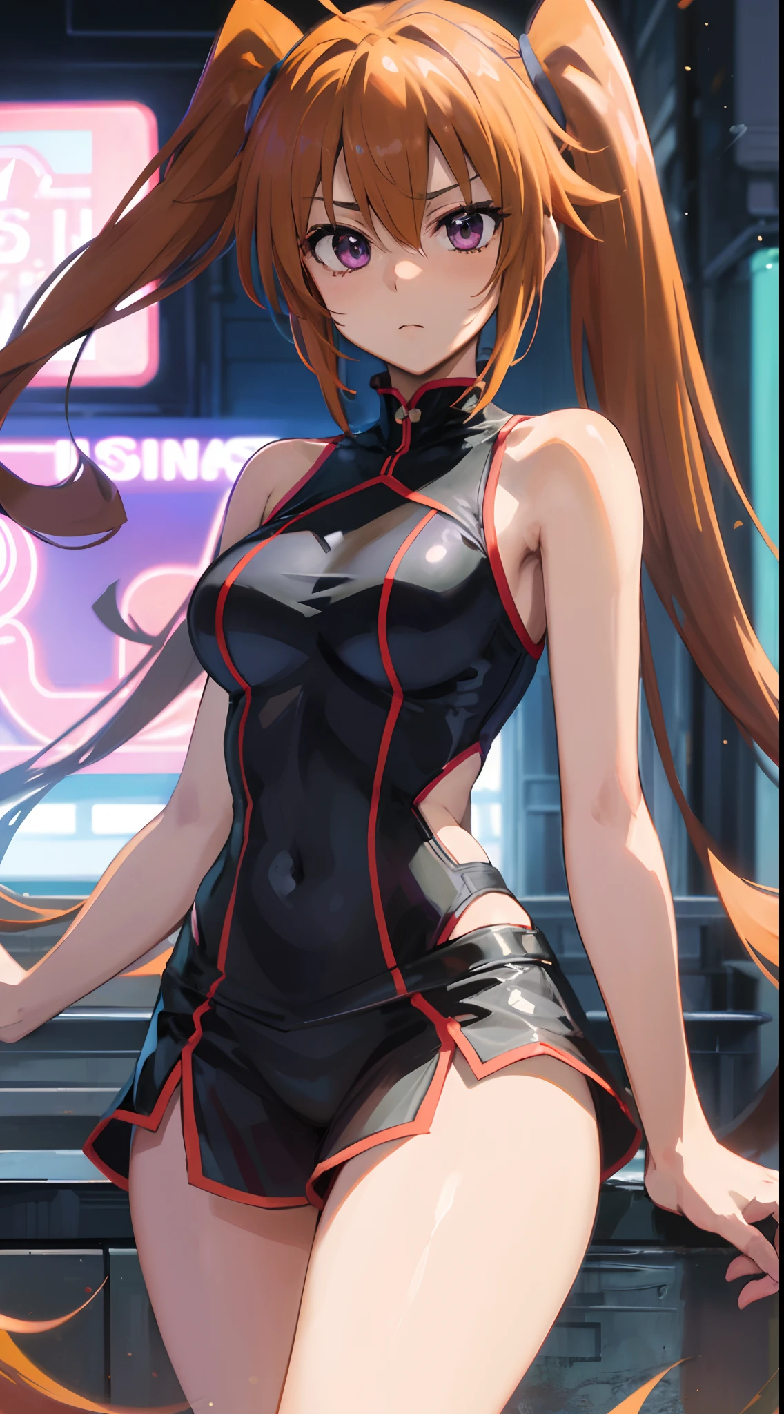 (best quality, master-piece:1.2), long brown hair, purple eyes, (ultra-detailed eyes), outdoors, beautiful, Shidou Irina, medium breasts, standing, ((cowboy shot)), close-up, perfect anatomy, (sleeveless), (healthy skin), cinematic lighting, detailed face, expressive face.
