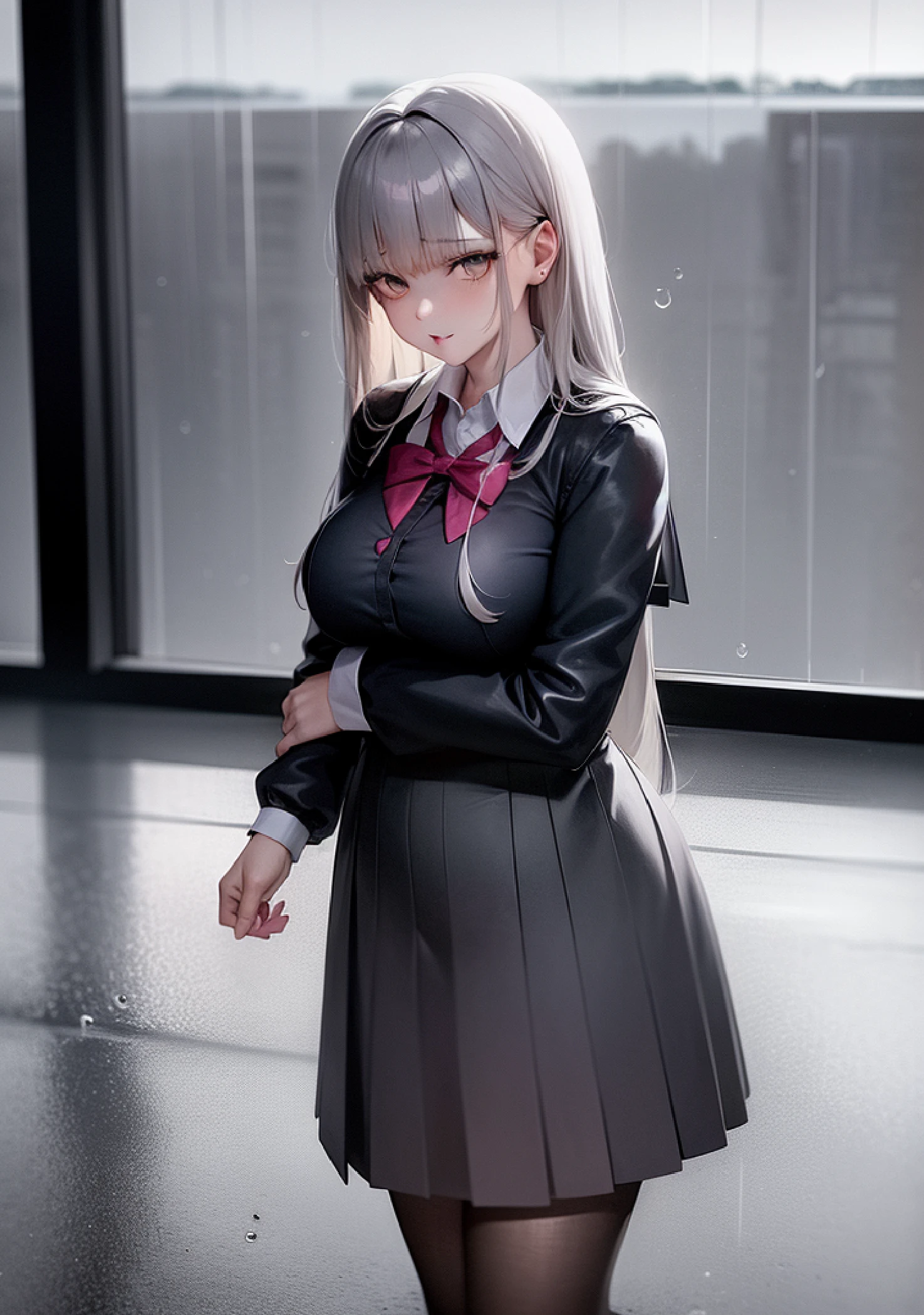 Anime girl in skirt and shirt standing in front of window, Sateen!, Sateen!!, Realistic Schoolgirl, raining outside, a hyperrealistic schoolgirl, very heavy rain, Sateen!!!, a hyperrealistic schoolgirl, Sateen, It's raining outside, rainy wet, very heavy rain, after rain and no girl, School Girl, rainy days, (SFW) safe for work