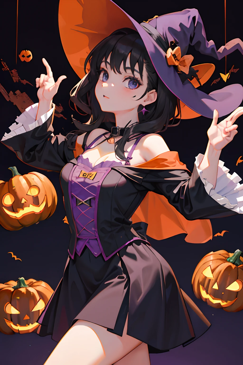 Dancing，child，（​masterpiece，Highest Quality），A dark-haired，witch outfit，Halloween，Jack-o'-lantern，pumpkins，skull，purple backdrop