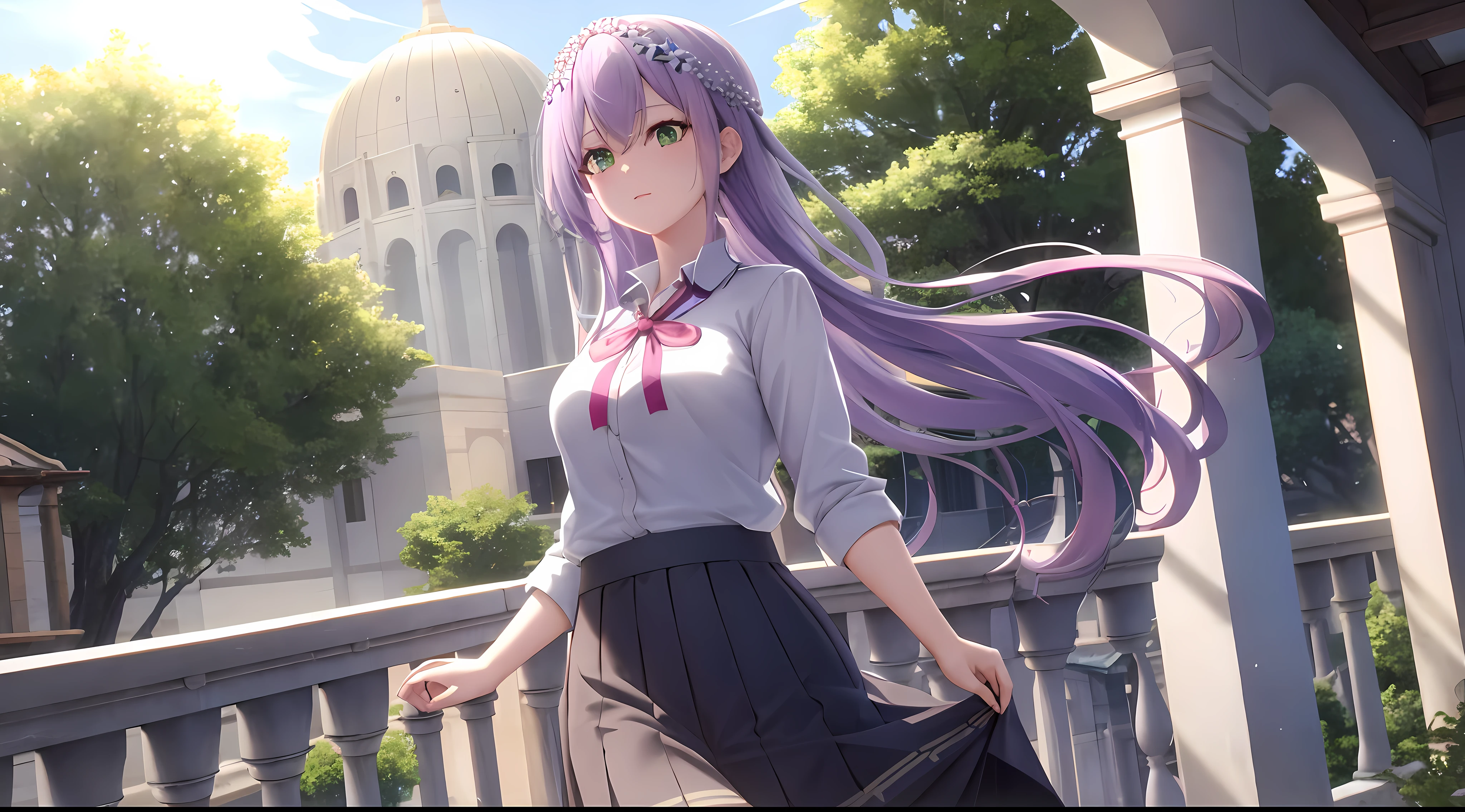 Athena with plain long light purple hair,hair between eyes,green eyes,rosy cheeks,full lips,thin eyebrows,slender body,wearing school uniform and full long skirt,praying beads on neck,cute anime girl,full body,medieval balcony in background,anime style,Lumen Reflections,Screen Space Reflections,Diffraction Grading,Chromatic Aberration,GB Displacement,Scan Lines,Ray Traced,Anti-Aliasing,FXAA,TXAA,RTX,SSAO,Shaders,OpenGL-Shaders, GLSL-Shaders,Post Processing,Post-Production,cell Shading,Tone Mapping,CGI,VFX,SFX,insanely detailed and intricate, 4K,standing, solo, masterpiece, best quality, detailed face, detailed eyes, highres, standing, solo,masterpiece, best quality