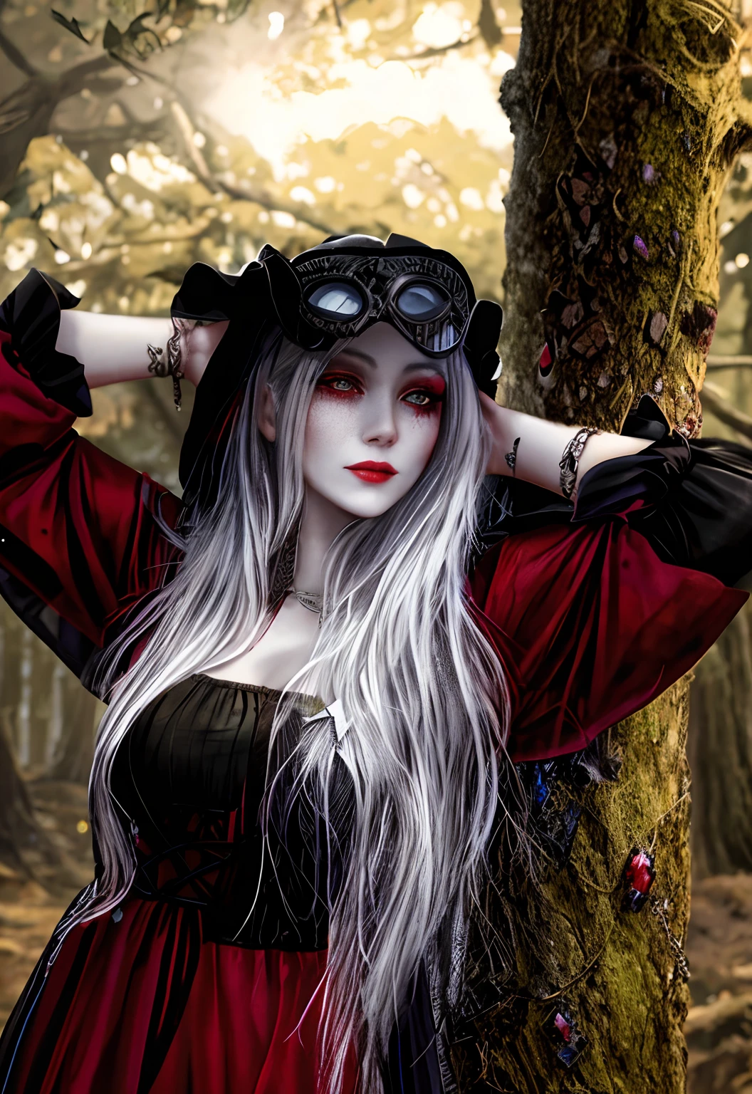 arafed blood dripping from eyes 👀 woman in a white dress posing next to a tree, horrifying witch with long black hair, white skin, blood dripping from eyes, scars, horns, evil 👿 wearing dark victorian goggles, wearing victorian dark goggles, as a medieval fantasy character, dark witch headdress, wearing victorian goggles, evil fire sorceress in the woods, dressed in a medieval lacy, witchy clothing, witch in the woods, wearing gothic accessories