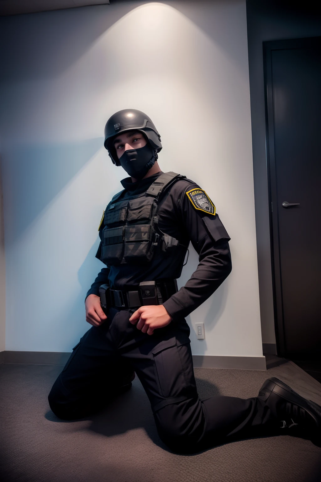bottomless soldier, teenage, SWAT, modern armour, ultrarealistic, swat shirt, big dick, big cumshot, dripping cum, balaclava