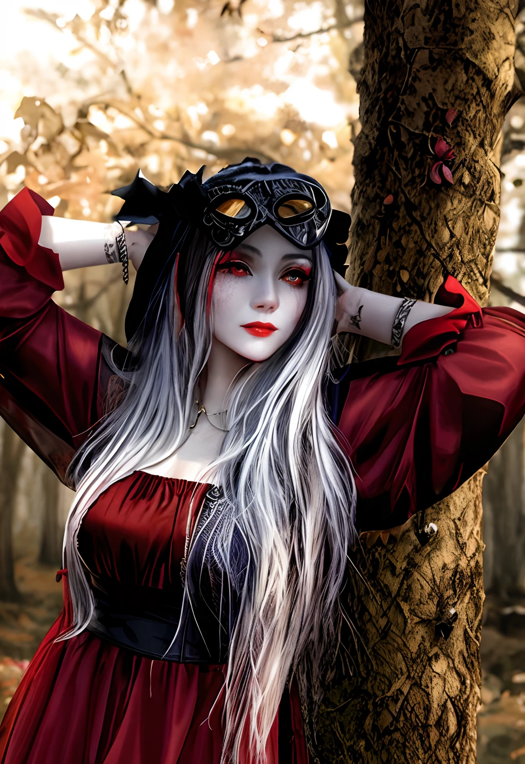 arafed blood dripping from eyes 👀 woman in a white dress posing next to a tree, horrifying  witch with long black hair, white skin, blood dripping from eyes, scars, horns, evil 👿 wearing dark victorian goggles, wearing victorian dark goggles, as a medieval fantasy character, dark witch headdress, wearing victorian goggles, evil fire sorceress in the woods, dressed in a medieval lacy, witchy clothing, witch in the woods, wearing gothic accessories