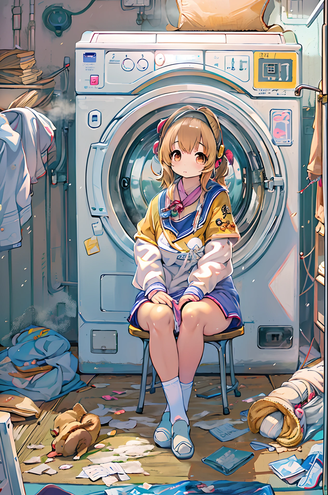 Anime girl sitting on a chair in front of the washing machine, anime moe art style, Cute anime girl, Anime visuals of cute girls, anime style 4 k, Anime! 4K, Anime! 4 k, Anime Manga Robot!! Anime Girl, marin kitagawa fanart, Anime Loli, Cute Anime, best anime 4k konachan wallpaper