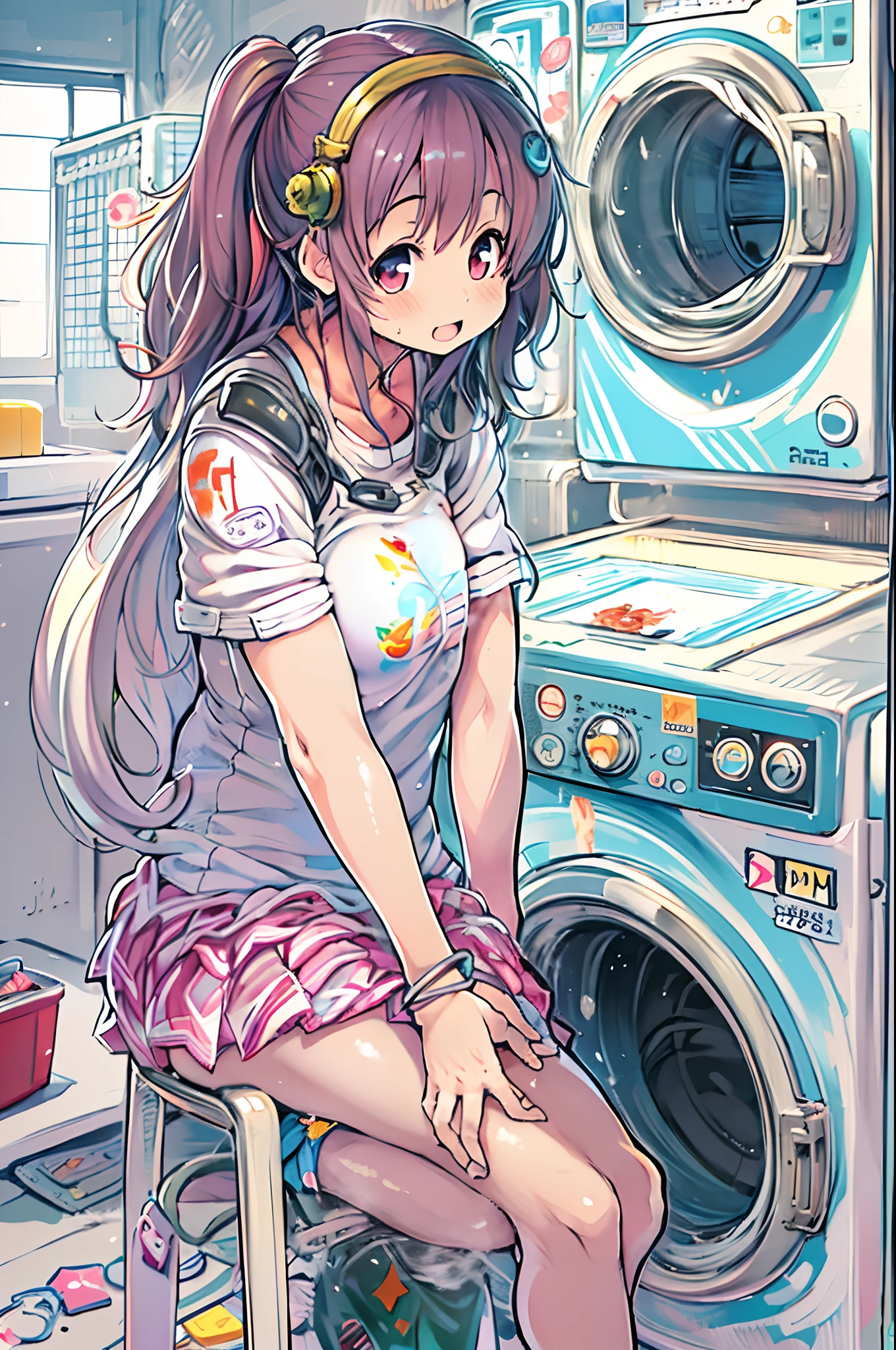 Anime girl sitting on a chair in front of the washing machine, anime moe art style, Cute anime girl, Anime visuals of cute girls, anime style 4 k, Anime! 4K, Anime! 4 k, Anime Manga Robot!! Anime Girl, marin kitagawa fanart, Anime Loli, Cute Anime, best anime 4k konachan wallpaper