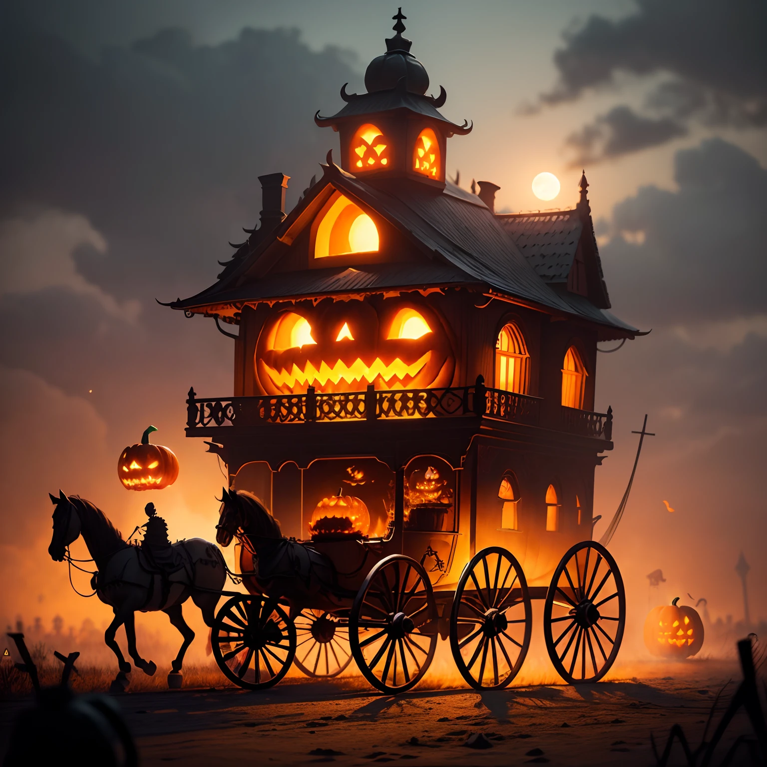 Extremely detailed image of ((A magical carriage I. The shape of a pumpkin or jack-o-lantern)) in the theme of Halloween, being pulled by ((Zombified skeleton horses)) with red eyes. Best image, quality immense, masterpiece, best photo, 1:3, JAck o lantern carriage clearly seen in photo, horses clearly seen in photo.