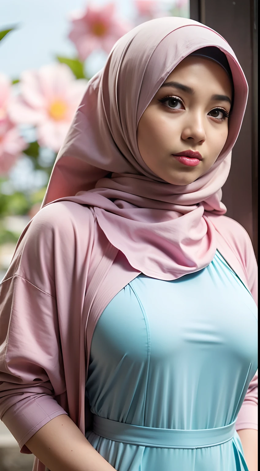 1 malay girl , modern plain hijab,  shy, medium portrait shot , watery  eyes ,lip watery, lip glossy, open mounth, ((big breast)), wear pastel color jumpsuit , (big breast) , flower garden background, bokeh background, proportional body,