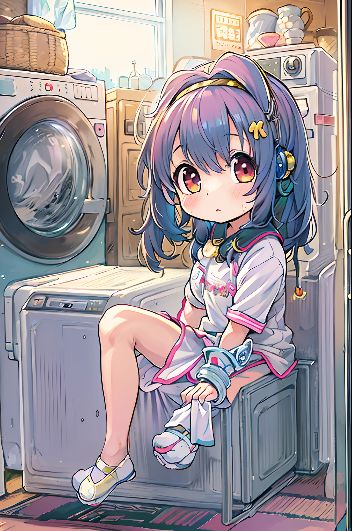 Anime girl sitting on a chair in front of the washing machine, anime moe art style, Cute anime girl, Anime visuals of cute girls, anime style 4 k, Anime! 4K, Anime! 4 k, Anime Manga Robot!! Anime Girl, marin kitagawa fanart, Anime , Cute Anime, best anime 4k konachan wallpaper