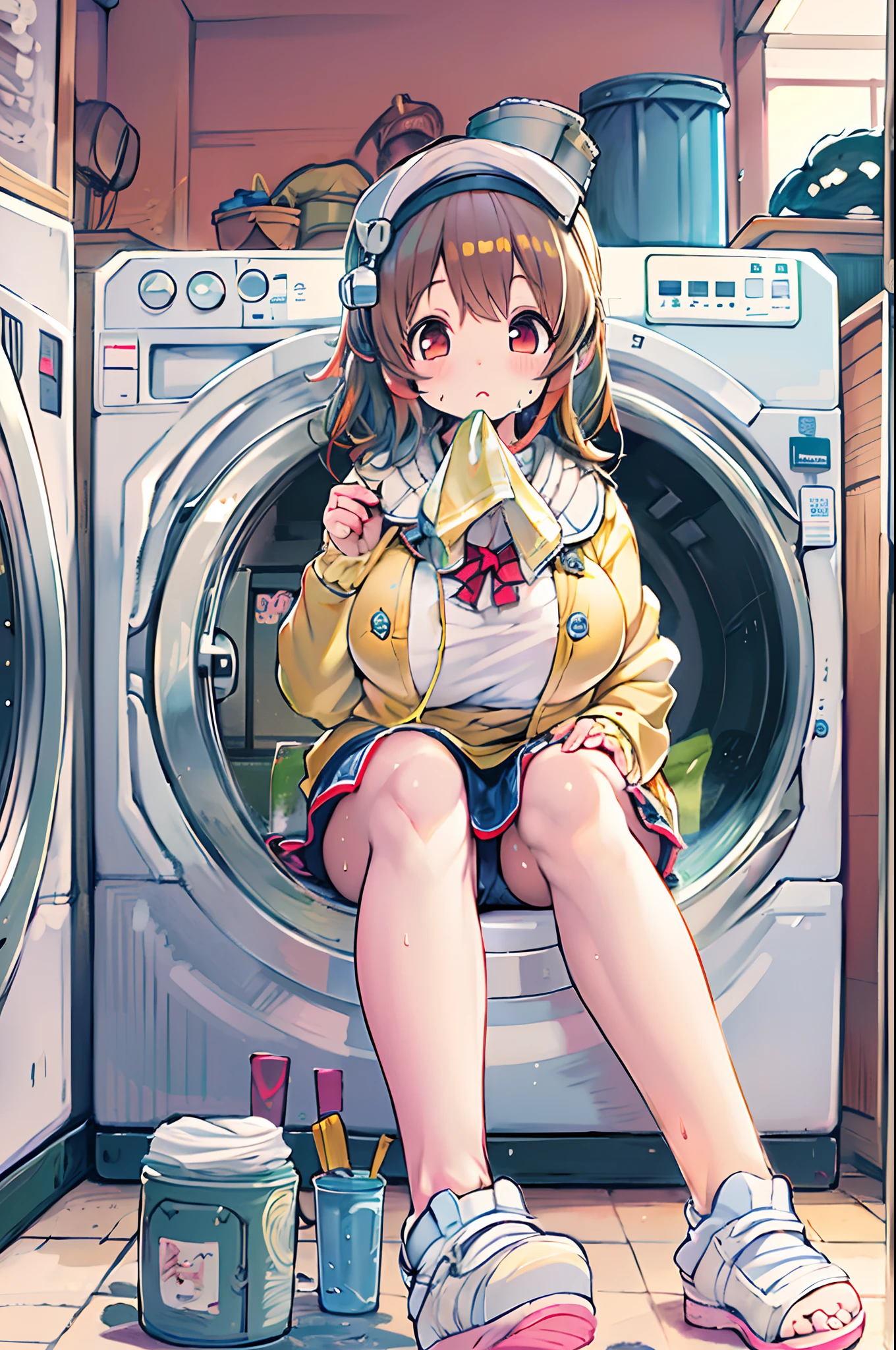 Anime girl sitting on the floor in front of a washing machine - SeaArt AI