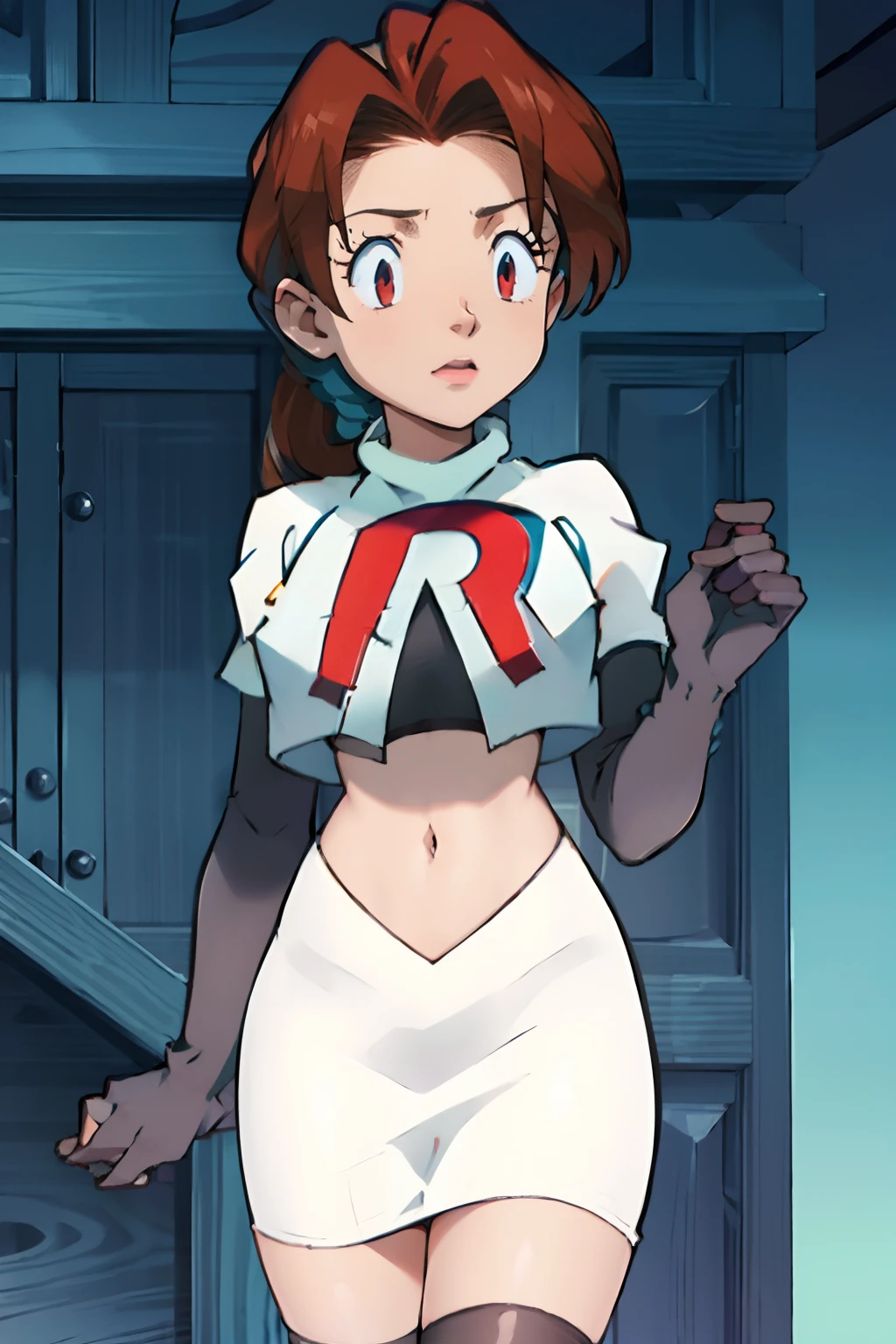 face of 
Delia_Ketchum, team rocket,team rocket uniform, red letter R, white skirt,white crop top,black thigh-highs,black elbow gloves