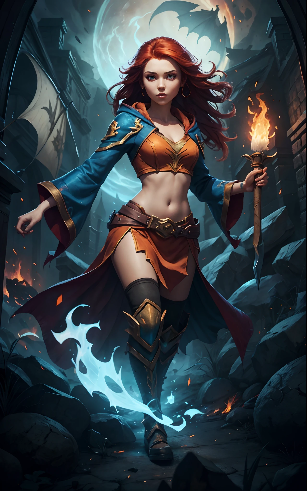 An outstanding beautiful white girl painting, firelight, flame surrounding, fire magic messenger, dota 2 fire girl style, ghost knife style, fire-like hair, long red hair, watery blue big eyes, thin waist, wide hips, mage robes, magic colors, World of Warcraft style, By Blizzard Entertainment, Ultra HD, 8K, real skin texture, best light, best shadow, Lina from dota2, action, wizarding world, Prone view, small mouth, small nose, big eyes, cute, full body, perfect body proportions, enhanced contrast, fire dragon as background, void fragments