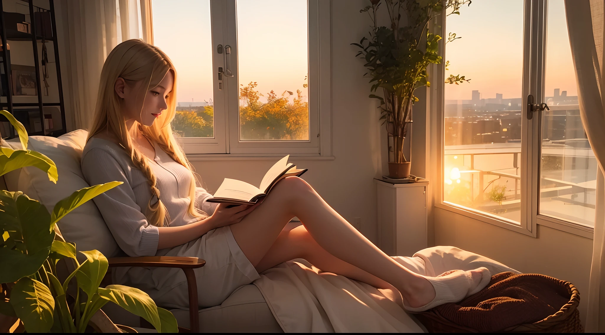 Sunny autumn evenings、Beautiful sunset sky、Room with plants、alone、femele、40 years、intelligence、Braids、a blond、Eye Catch、Gentle smile、Reading、Soft light、