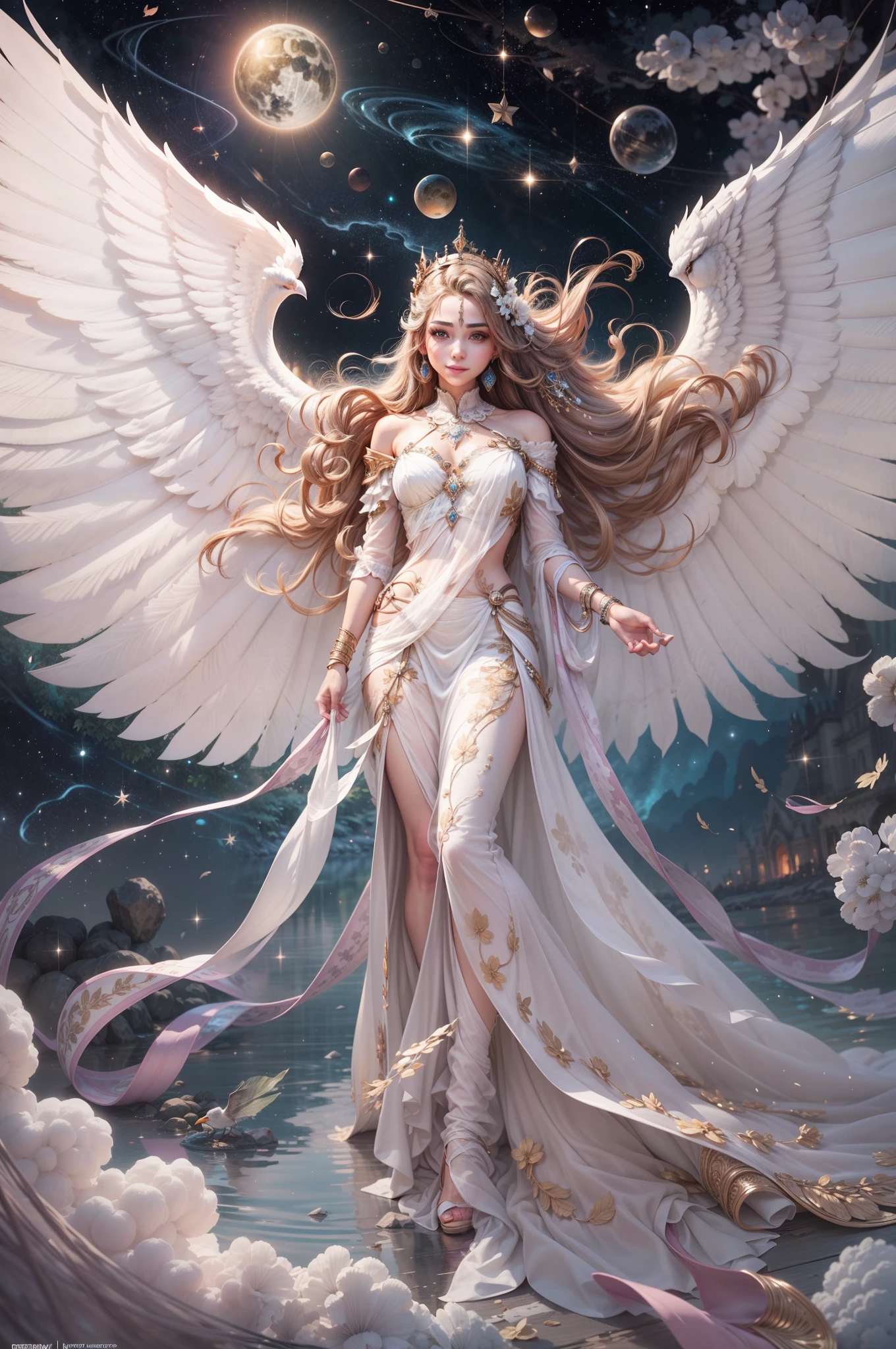 (Designed by nty:1.4),Full length portrait of 1 , design de personagem de yoshitaka amano,only,angelic, symmetric beauty, the angel's wings, gorgeous long dress, He gets up, (((only))), Colorful placement,clear facial features, Clean line design, Magic Elements, future-tech, ((tarot card background)), Standing figure of the figure, ((flat-colors)), (Masterpiece artwork,Maximum quality,best qualityer,ultra-high resolution), ((exquisite facial features,clear facial features,beautiful eyes,gorgeous face))