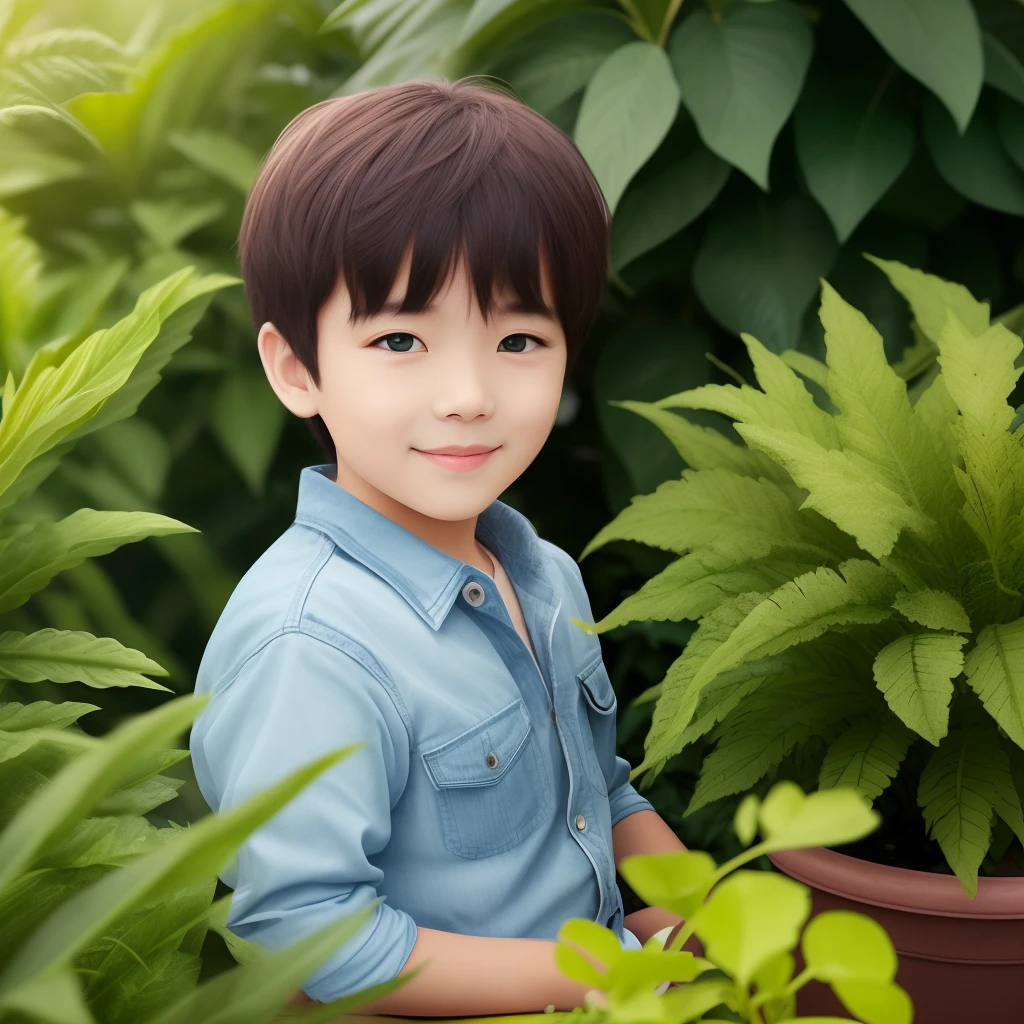 ultra-detailed,1boy,smile,Green plants,beautiful detailed eyes, beautiful detailed nose, full body