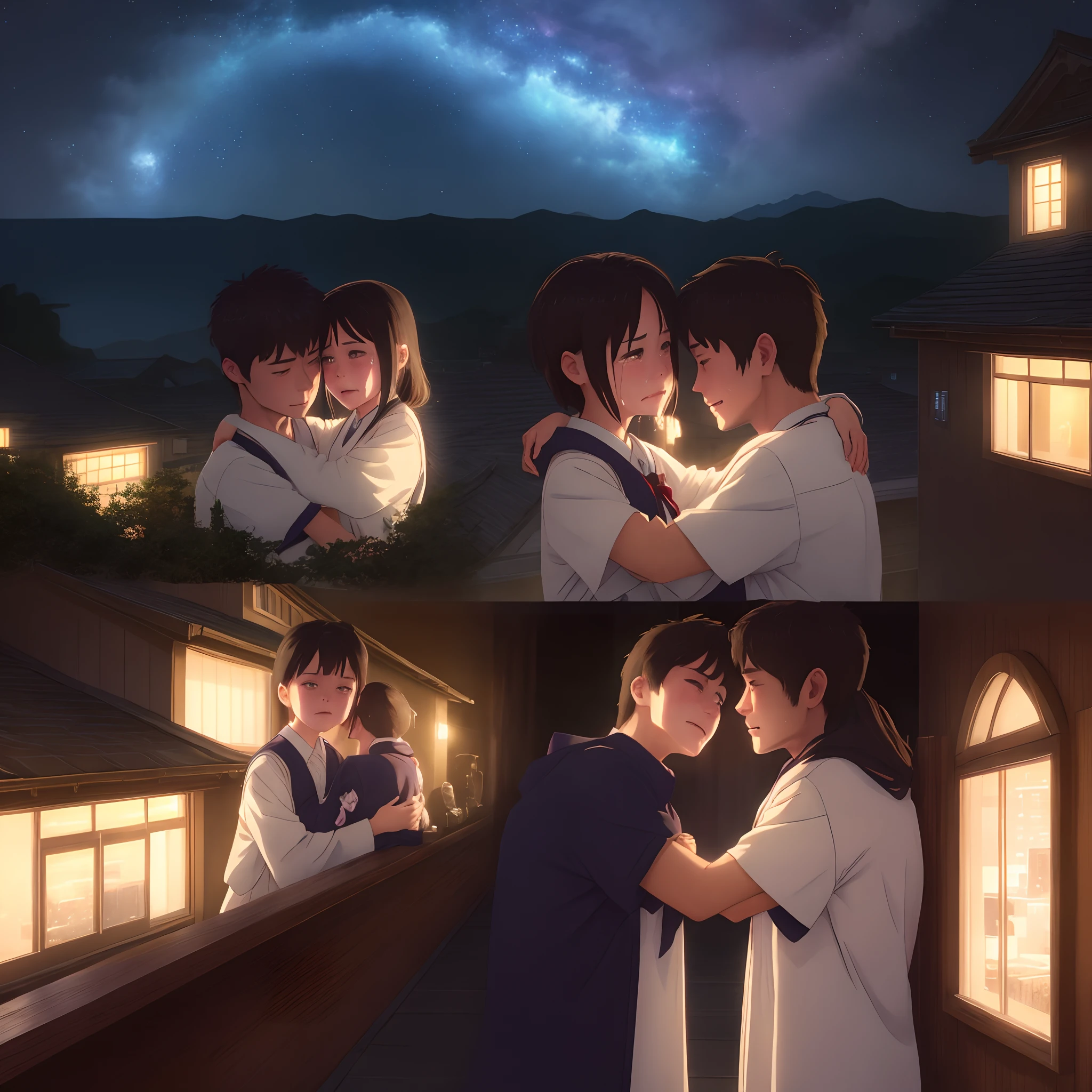 schools、、Beautiful Man Beautiful Couple、tears、校服、Rooftop of the night sky、stare at each other、Hugging each other