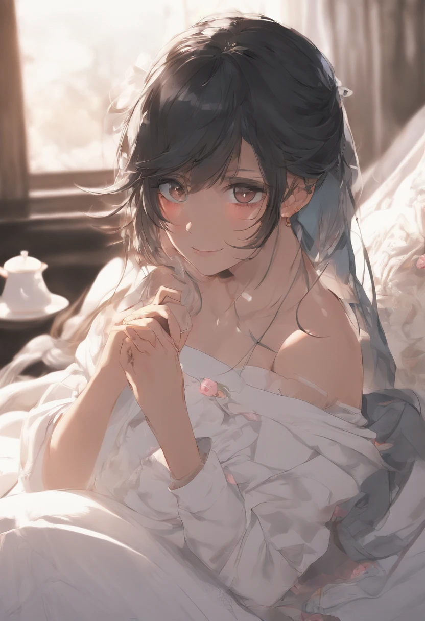 (Best Quality, 8k, 32k, Masterpiece, UHD:1.3), (Photo of Attractive Japanese Woman), ((1 Girl)), ((medium breast:1.3)), Abs, Perfect Body, Ultra Detailed Face, Detailed Lips, Fine Eyes, double eyelids, ((milf)) sexy girl, beautiful girl, jaw-dropping beauty, (black long hair:1.2)), ((close up to face)), smiling beautifully, open mouth :0.8, hand on cheek, contemplating, enjoying tea, wet clothes, in bedroom, on top of bed, laying on bed, from behind, detailed buttbeautiful detailed back, toned muscle, perfect body, looking at distant horizon, ((facing away from viewer)), blushing, ((wearing white sweater)), ((sleeping on her stomach))