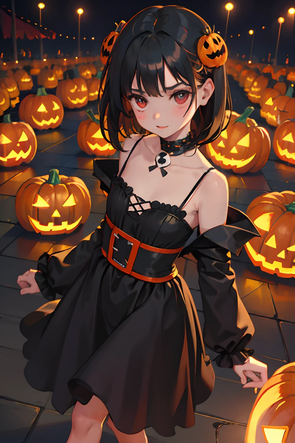 Dancing,,(masterpiece,Highest Quality),A dark-haired,witch outfit,Halloween,Jack-o'-lantern,pumpkins,skull,embarrassed from,be shy