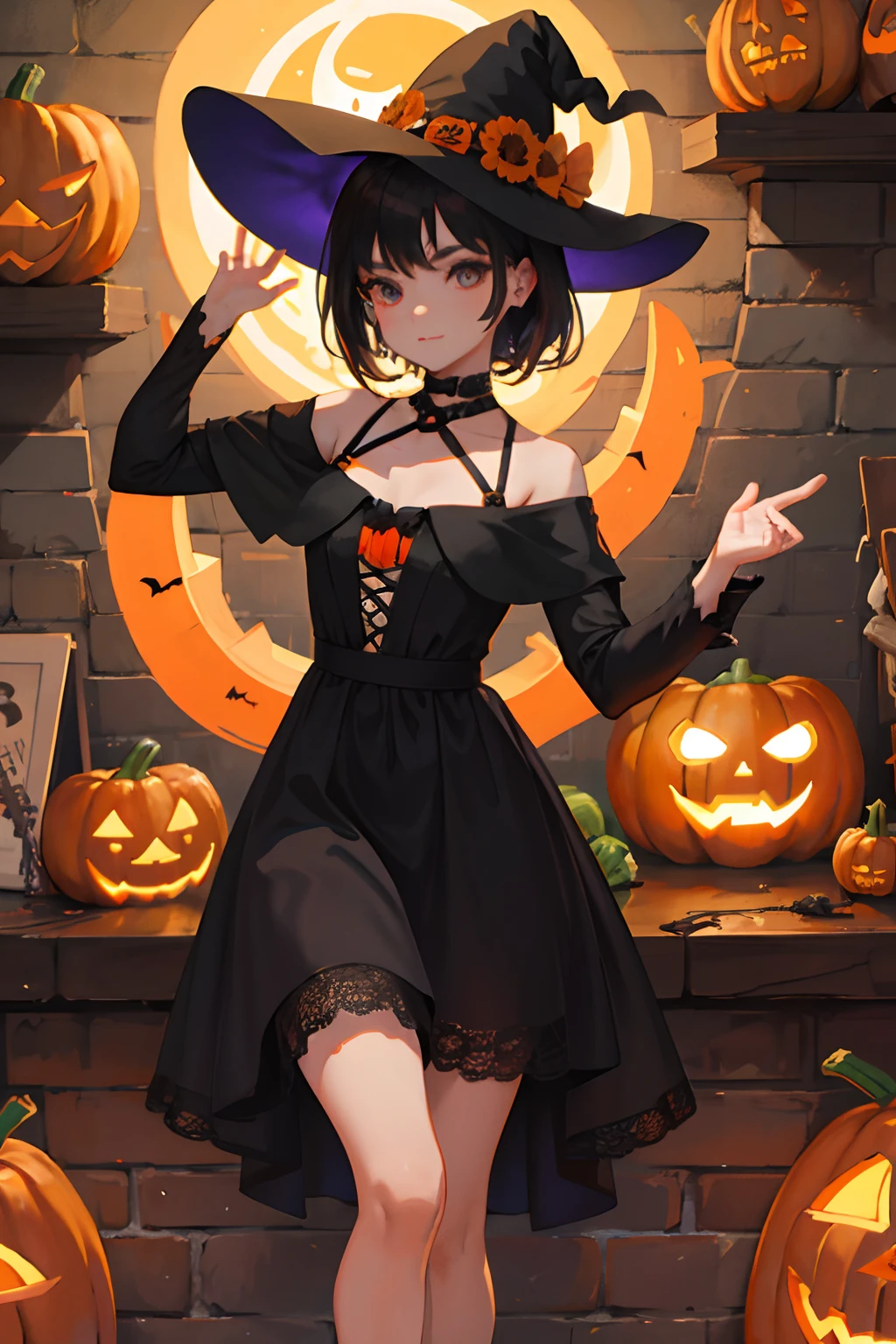 Dancing,child,(masterpiece,Highest Quality),A dark-haired,witch outfit,Halloween,Jack-o'-lantern,pumpkins,skull,embarrassed from,be shy