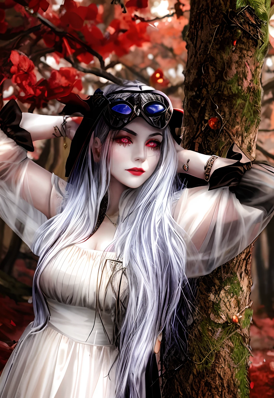 arafed blood dripping from eyes 👀 woman in a white dress posing next to a tree, horrifying witch with long black hair, white skin, blood dripping from eyes, scars, horns, evil 👿 wearing dark victorian goggles, wearing victorian dark goggles, as a medieval fantasy character, dark witch headdress, wearing victorian goggles, evil fire sorceress in the woods, dressed in a medieval lacy, witchy clothing, witch in the woods, wearing gothic accessories