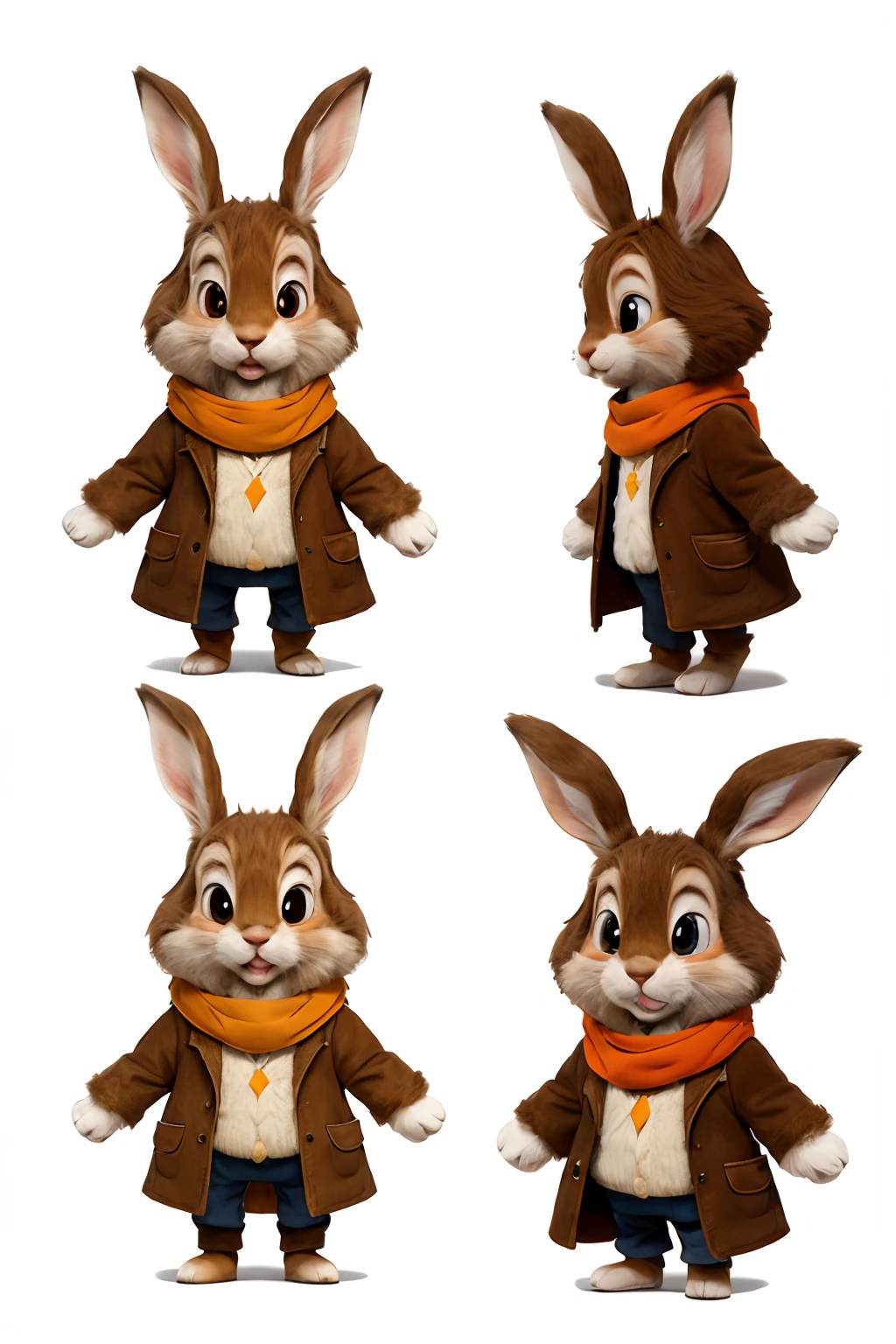 Rabbit Character, Character Sheet, Different angles, Multiple postures and facial expressions, 100% whitebackground, children's book illustration style, cartoon Disney Пиксар, Cute rabbit brown fur, brown jacket, Orange scarf