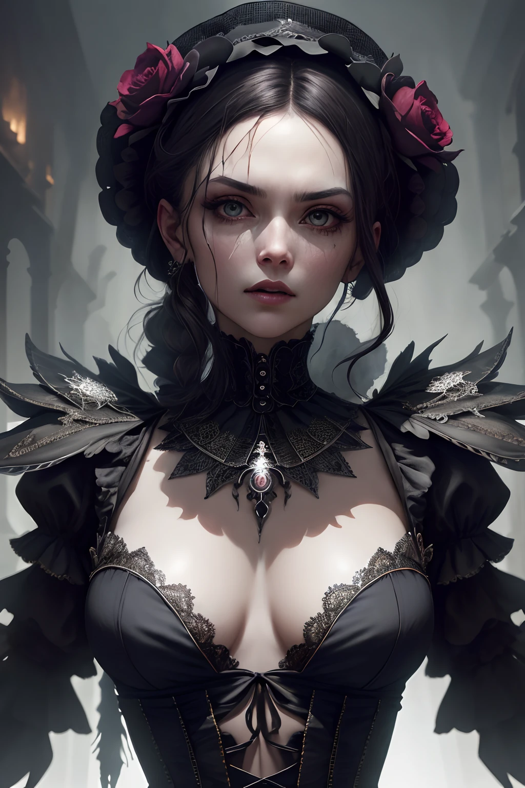 "A highly detailed and intense depiction of a terrifying necromancer chicress, Mid-shot and dramatically captured on ultra-detailed 8K wallpaper, mostrando una complejidad intrincada".