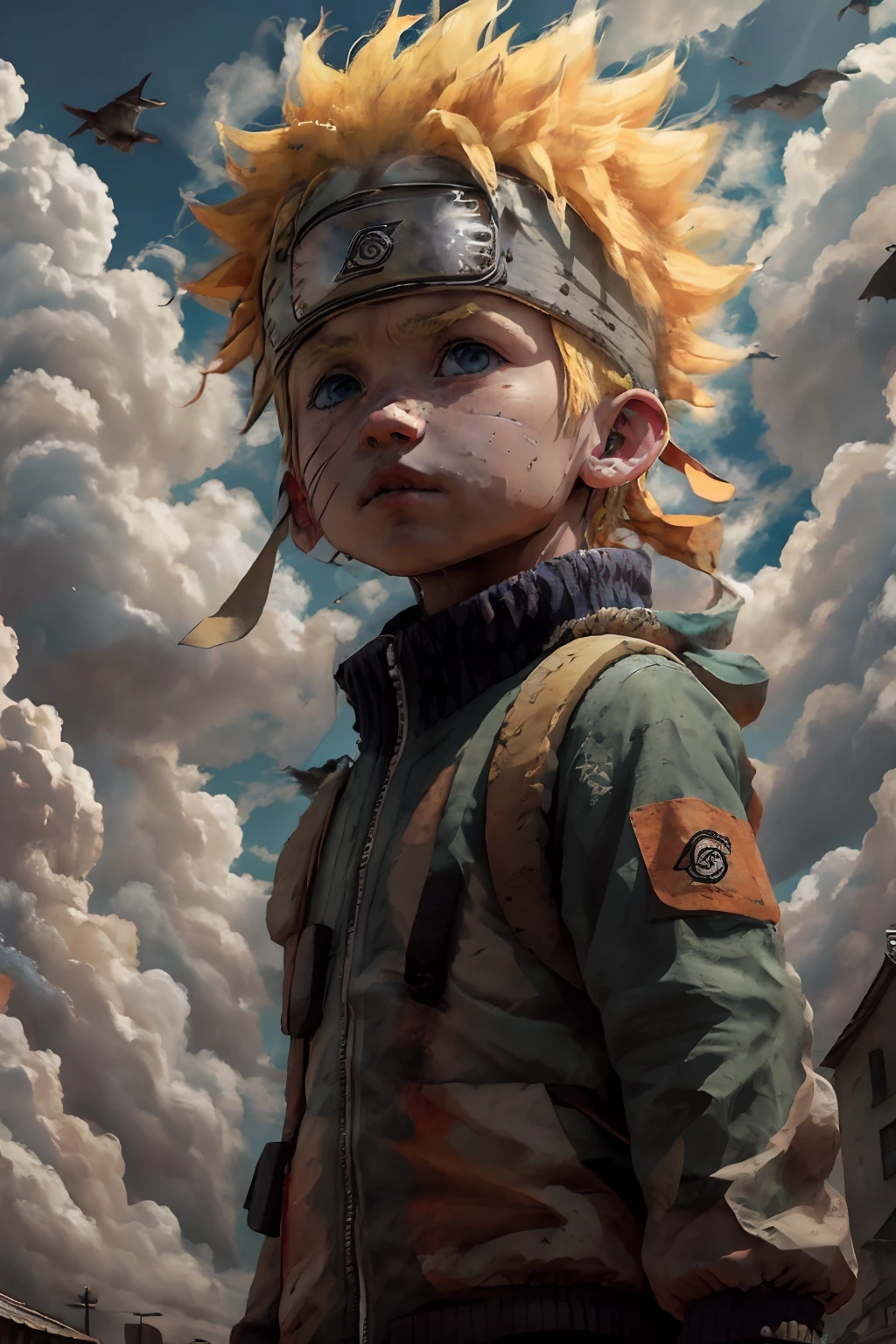 chibinaruto, 1boy, blonde hair, male focus, solo, sky, green eyes, cloud, day, whisker markings, bird, blue sky, male , jacket, outdoors, upper body, cloudy sky