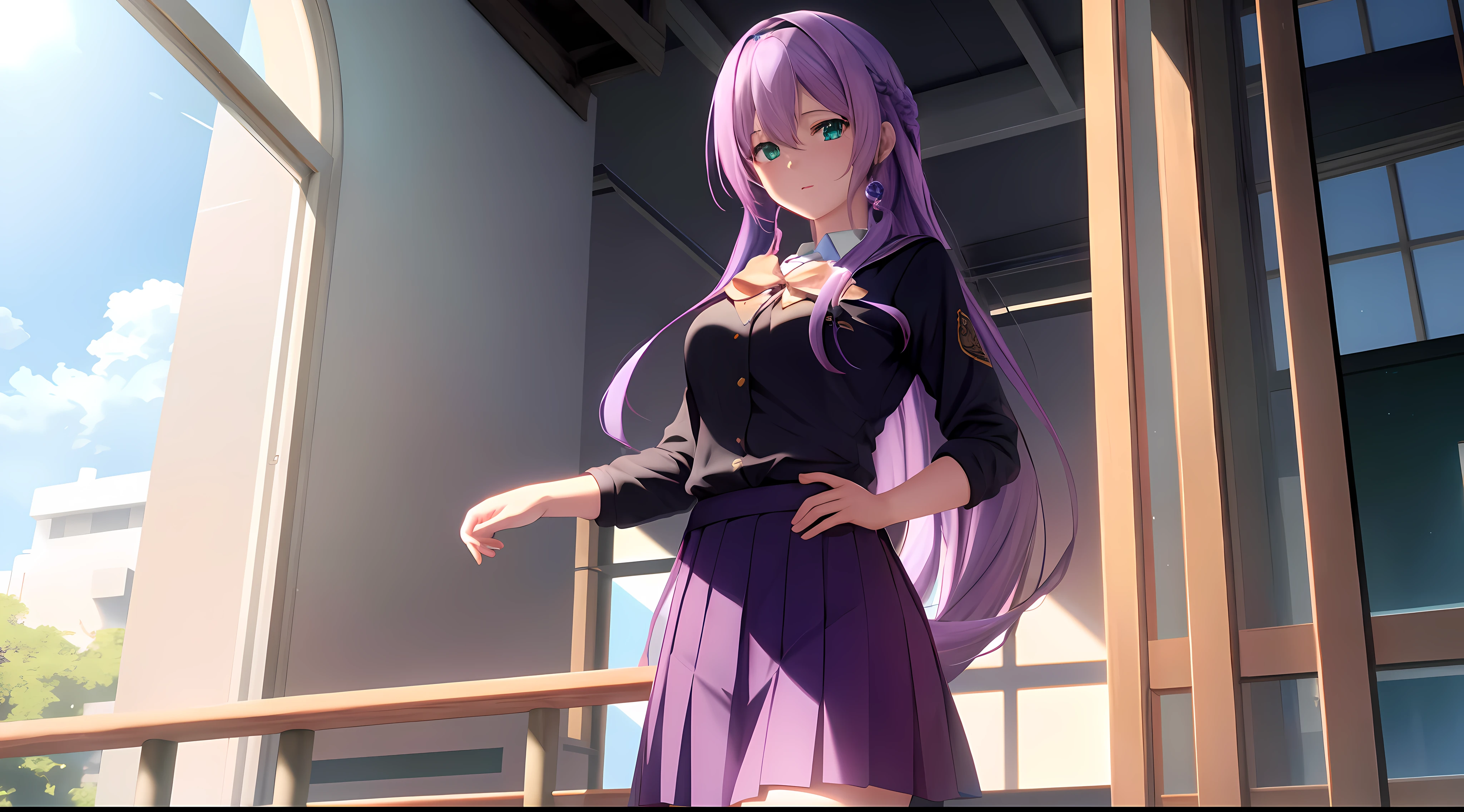 Athena with plain long light purple hair,hair between eyes,green eyes,rosy cheeks,full lips,thin eyebrows,slender body,wearing school uniform and full long skirt,praying beads on neck,cute anime girl,full body,classroom balcony in background,anime style,Lumen Reflections,Screen Space Reflections,Diffraction Grading,Chromatic Aberration,GB Displacement,Scan Lines,Ray Traced,Anti-Aliasing,FXAA,TXAA,RTX,SSAO,Shaders,OpenGL-Shaders, GLSL-Shaders,Post Processing,Post-Production,cell Shading,Tone Mapping,CGI,VFX,SFX,insanely detailed and intricate, 4K,standing, solo, masterpiece, best quality, detailed face, detailed eyes, highres, standing, solo,masterpiece, best quality