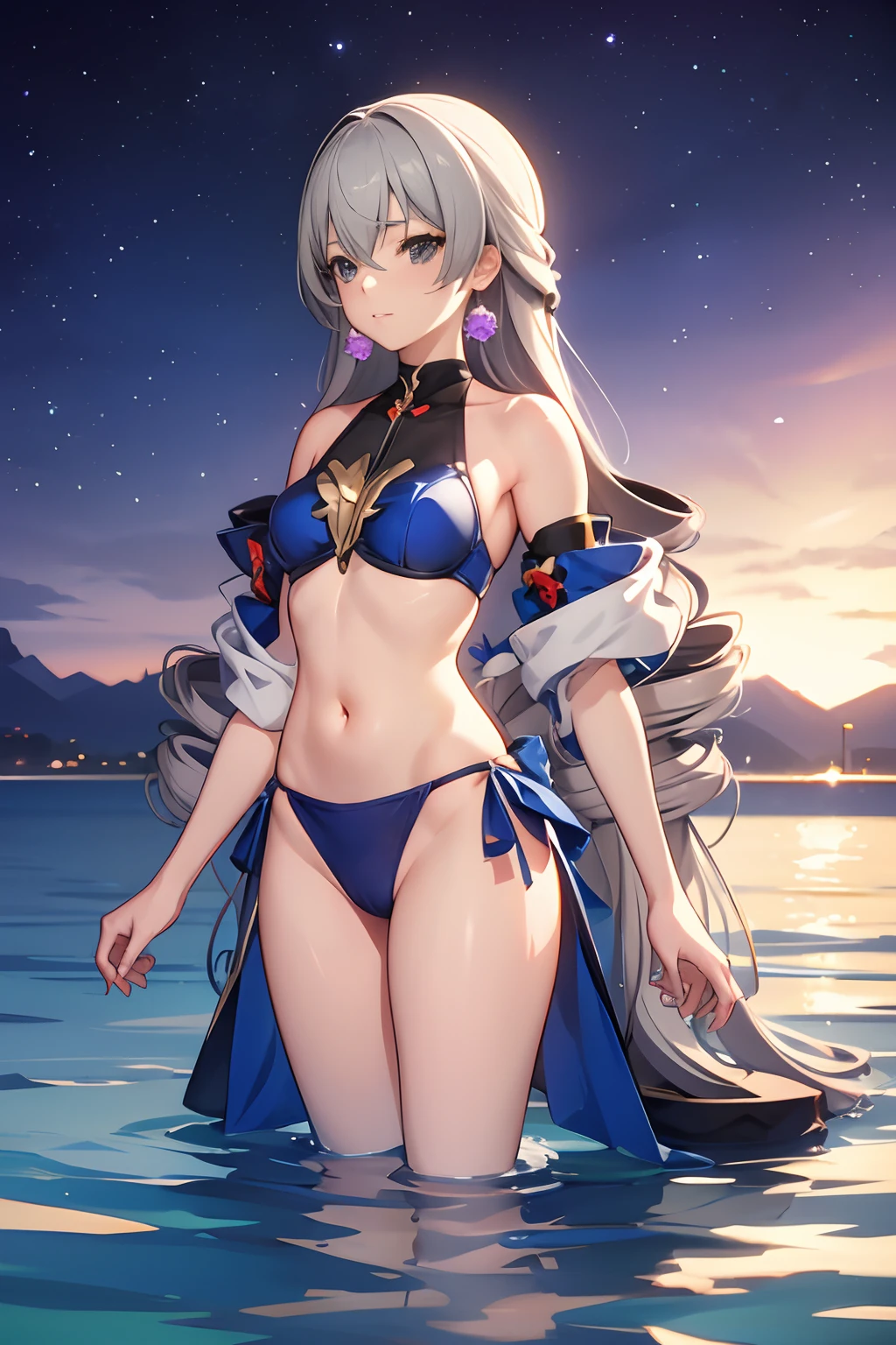 anime girl, brines from honk star rail, bikini, ph bronya, 1girl, solo, earrings, long hair, grey hair, drill hair, grey eyes
