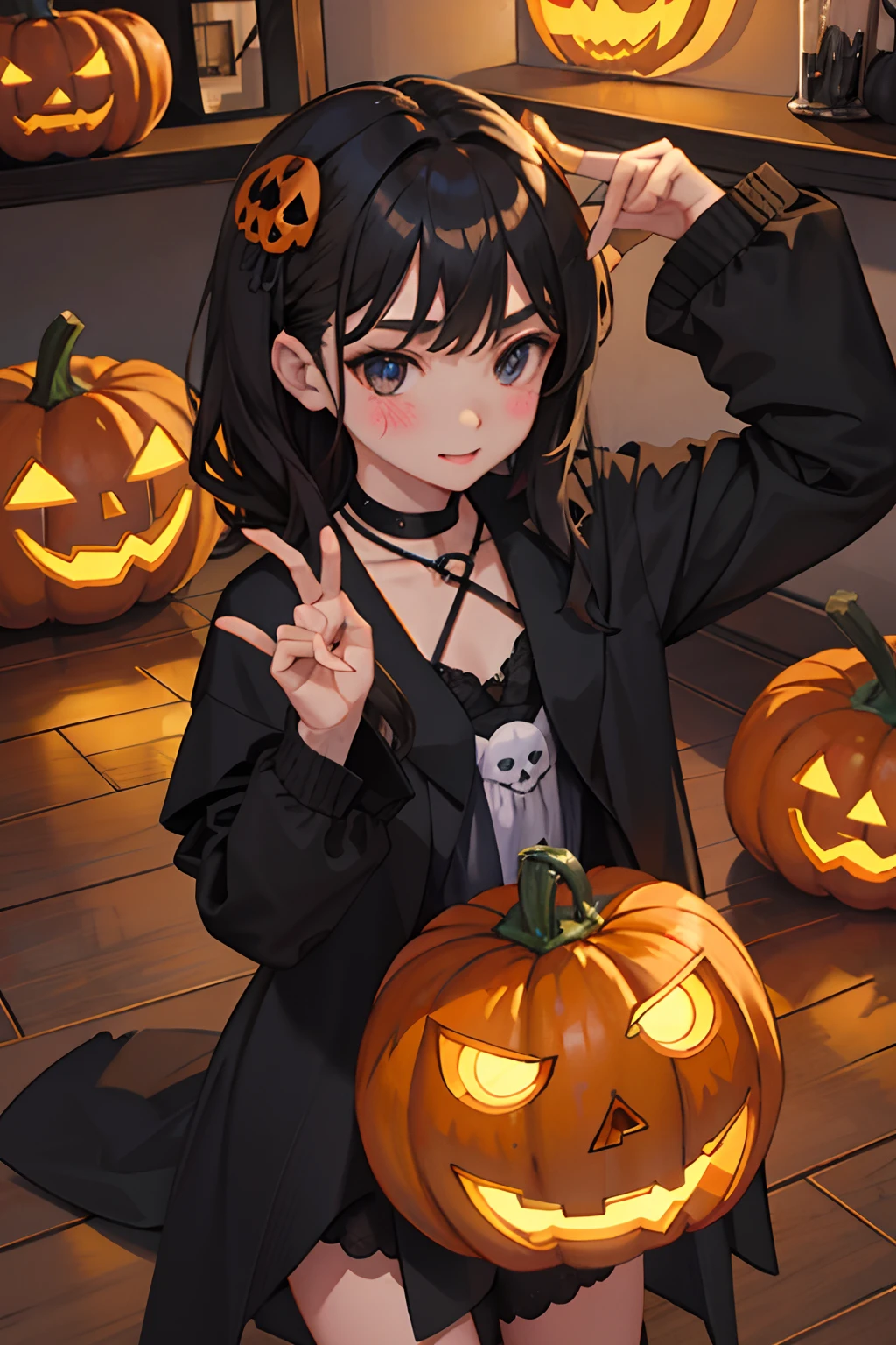 Dancing，child，（​masterpiece，Highest Quality），A dark-haired，witch outfit，Halloween，Jack-o'-lantern，pumpkins，skull，embarrassed from，be shy