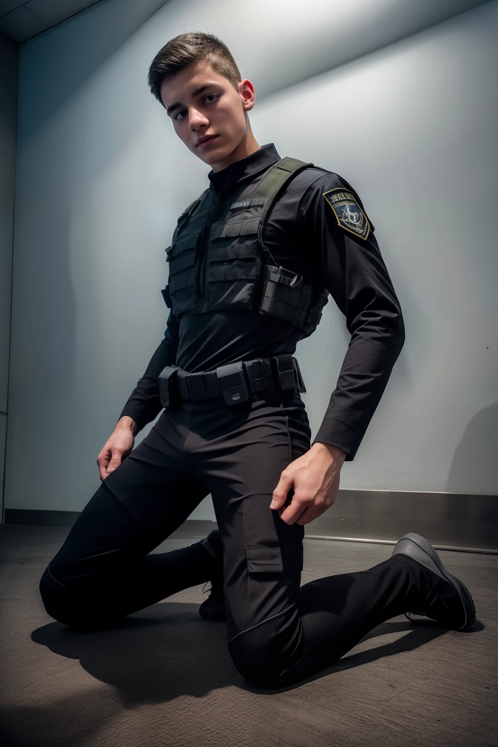 Teen male posing, (((16yo))), full body view, atmospheric, ultra realistic, SWAT fighter, kneel, SWAT uniform