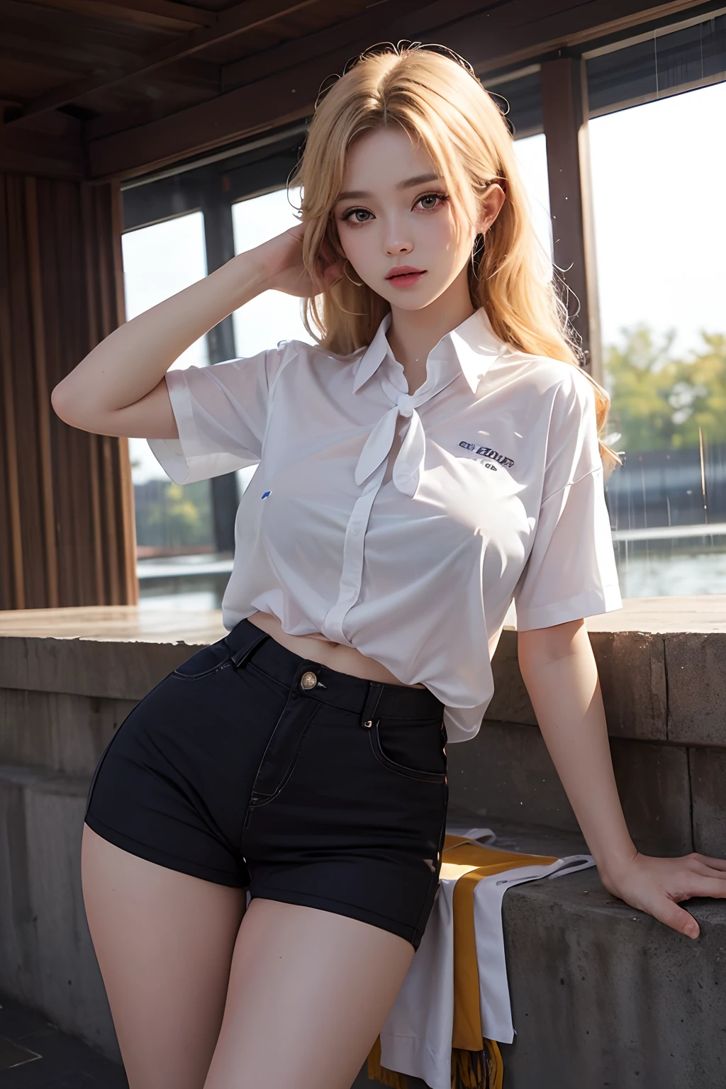 １Man girl、top-quality、超A high resolution、Raw photo、(Authentic skin texture:1.3)、large full breasts、huge tit、Wavy blonde hair、a blond、Picture-perfect face、Professional artwork、((Perfect female body))、Beautiful expression、beauitful face、Seductive look、beautidful eyes、thighs thighs thighs thighs、full body Esbian、(Random sexy poses:1.3)、(Immersive atmosphere、Chiaroscuro:1.5、brightened light:1.2、Luminous lighting) 、(red blush:0.5)、realisitic:1.3、longshot、Professional artistic background、Korean School Uniform、Short sleeve uniform shirt、tight shirtp、Ribbon tie、a miniskirt、Transparent pants、Pants with visible streaks、((Spread your legs apart、Show your crotch、Show your pants、Show your pants to your audience、pantie shot、Panchira))、((transparent clothe、Transparent shirt、A shirt that gets wet in heavy rain and shows through、Transparent pants、Transparent underwear))、No bra