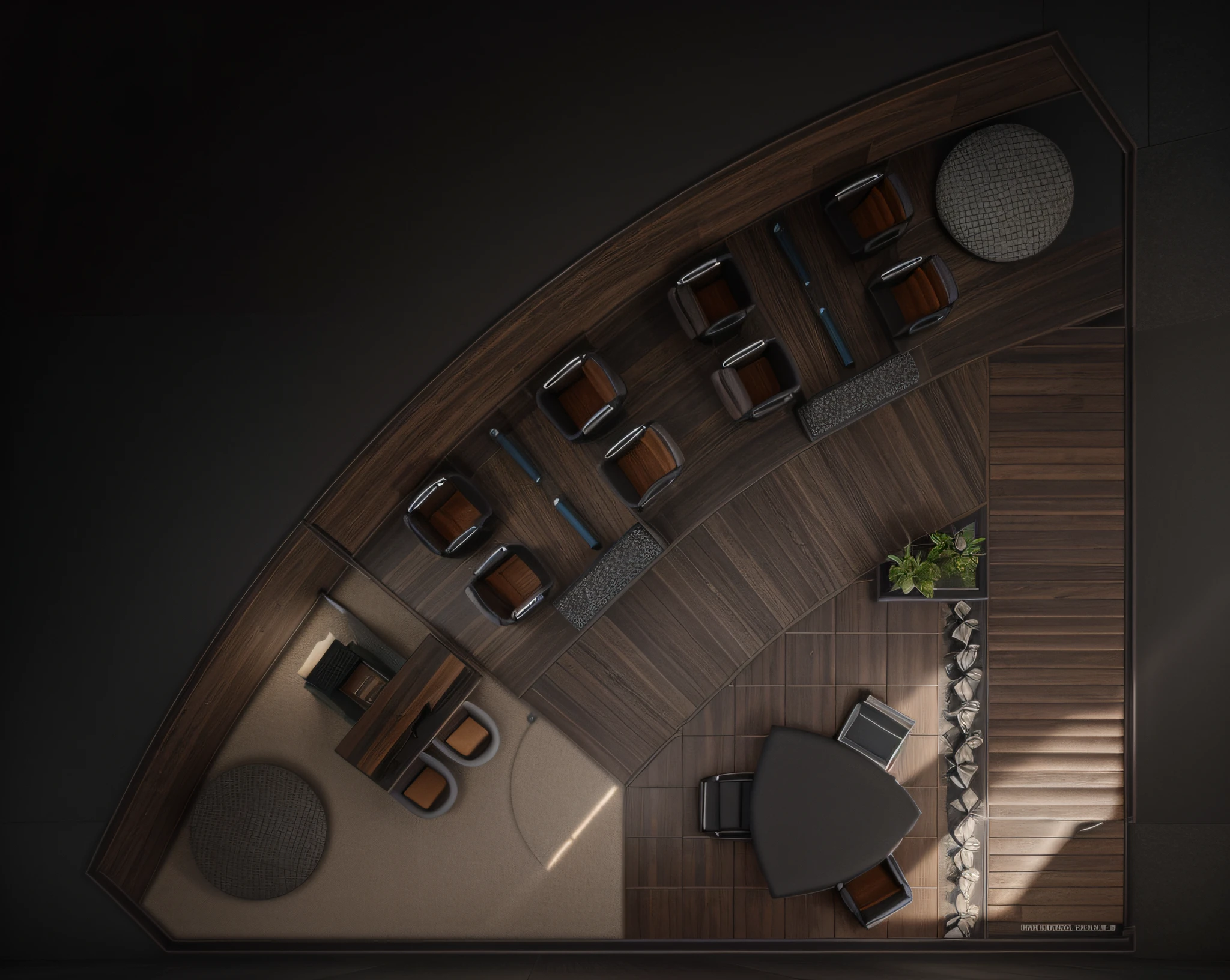 photo realistic 3d rendering, hd high res ultra high quality top view plan 3d modern office ,Grey tiles, black walls,floor tiles under the workstation, dark grey tiles in main office area, dark biege tiles under the waiting area,dark wooden planks on the pathway, glass panel,auto cad floor plan drawing, perfect composition, beautiful detailed intricate insanely detailed octane render trending on artstation, 8 k artistic photography, photo realistic concept art, soft natural volumetric cinematic perfect light, chiaroscuro, award - winning photograph, masterpiece, 3d rendering, top view plan,realistic,hyper realistic,intricate detals,hd details,128k,(sharp lines)(use vivid light colors)(3d rendering)use multi colors in creating a beautiful art,dark wooden floor in path way,and use dark grey tiles in the floor plan,